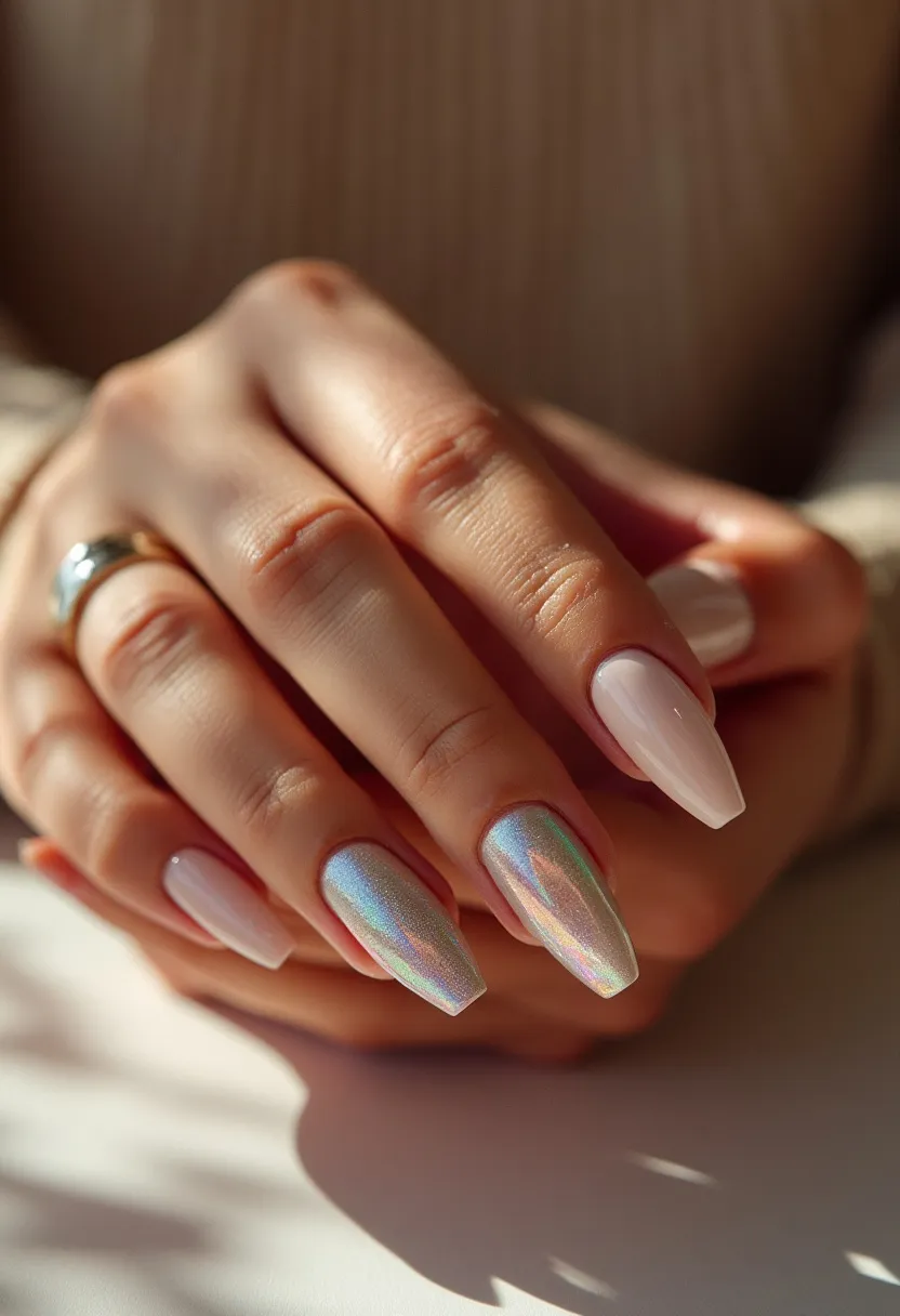 The nail design features a soft pastel pink color palette, incorporating a blend of delicate pearlescent hues and shimmering holographic effects. The nails are shaped into a stylish and elongated almond form, enhancing their elegance. Each nail alternates between a glossy, solid pastel pink and a dazzling, holographic rainbow-like pattern, giving a striking and festive look. The gleaming, reflective design likely indicates the use of gel treatment for a durable and high-shine finish. The overall aesthetic conveys a modern and chic appearance, suitable for special occasions or festive seasonal events, adding a touch of glamour and sophistication to the look.