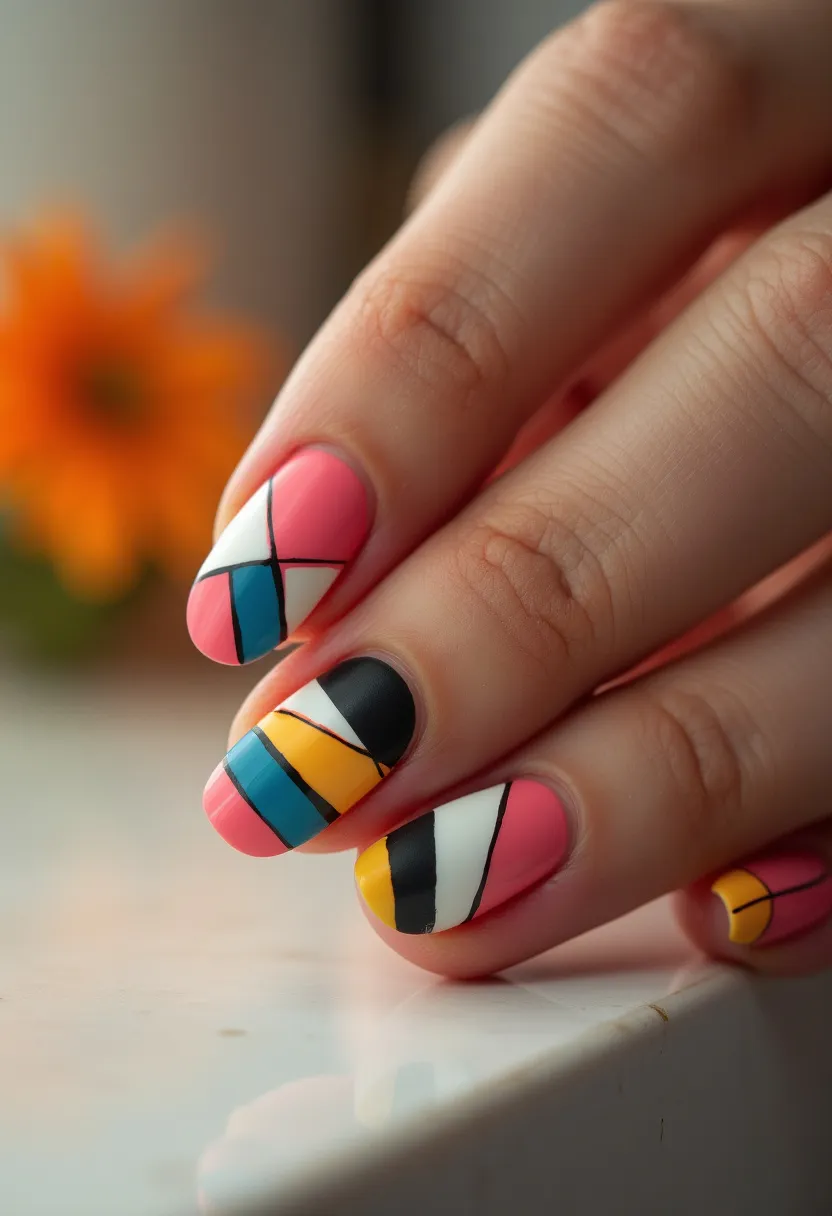 The nail design showcases a vibrant color palette including shades of pink, blue, black, white, and yellow. The nails are shaped in an almond form, creating a sleek and modern appearance. Each nail features an intricate geometric pattern composed of bold lines and color blocks, reminiscent of abstract art. Given the glossy finish and the intricacy of the design, it is likely that a gel treatment was used to achieve this look. The design exudes a playful and artistic vibe, which could easily be a fit for a spring or summer seasonal theme, or for special occasions such as art festivals or creative events.