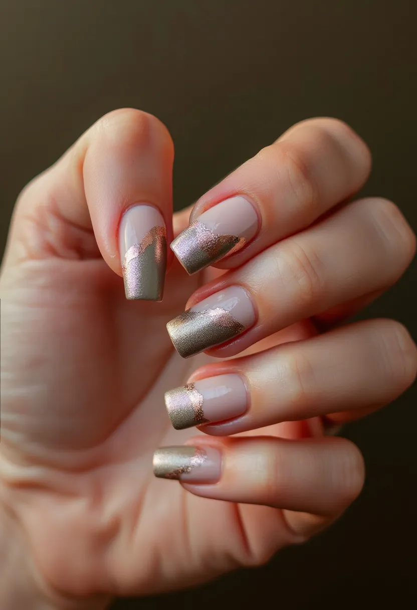 This nail design features a neutral, pale pink base color with elegant gold and bronze metallic tips, accentuating the sharp, squared-off nail shape. Each nail displays an artistic, asymmetrical gradient where the metallic colors blend seamlessly into the natural tone, adding a sophisticated and modern touch. The metallic sheen suggests that the nails are most likely treated with a gel or shellac polish to achieve that smooth and glossy finish. The subtle yet intricate design with its metallic hues makes this nail art suitable for special occasions, perhaps with a seasonal nod to autumn or festive events, owing to the warm and rich color palette.