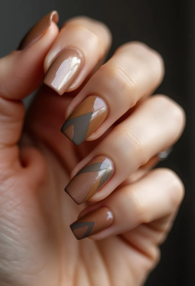 The nail design features a sophisticated color palette of earthy browns and muted grays. The nails are shaped in a square form, exuding a polished and elegant appearance. Each nail showcases an intricate geometric pattern, combining diagonal and triangular shapes, creating a modern, stylish look. The glossy finish suggests this might be a gel or shellac treatment, adding to the durability and shiny effect. This nail design is versatile, making it suitable for various occasions, from everyday wear to more formal events, with a palette and patterns that align well with autumnal or neutral-themed aesthetics.