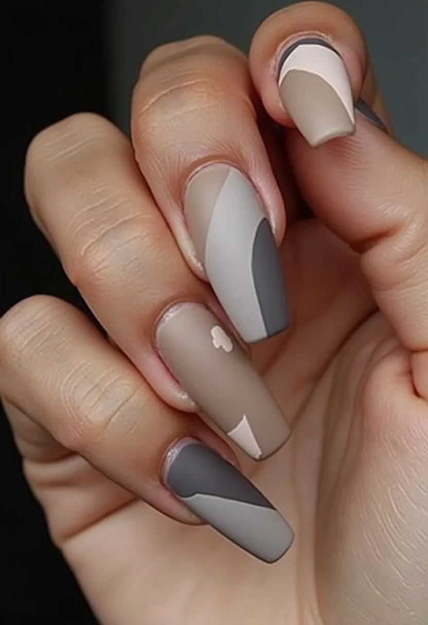 This nail design features a sophisticated color palette of neutral tones including tan, beige, and gray. The nails are shaped in a modern, medium-length coffin style. The design incorporates geometric patterns, with each nail displaying a unique arrangement of the colors in curved and angular segments. The ring finger has an additional fine detail—a small, floral shape adding a delicate touch. The nails have a matte finish, which suggests they have undergone a gel treatment to achieve a smooth, non-glossy appearance. This design exudes a contemporary and elegant vibe suitable for the autumn season or a refined event, offering both subtlety and complexity in its execution.