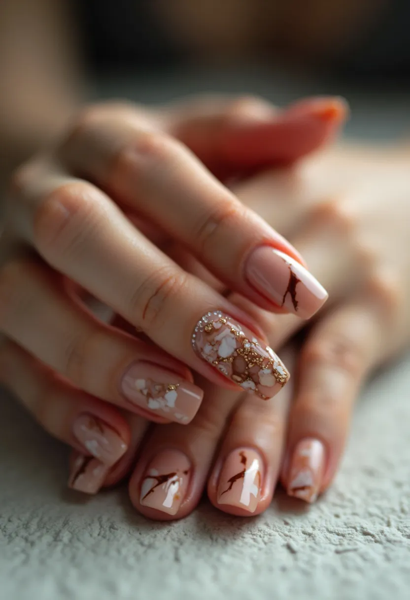 This nail design features a sophisticated marble effect, incorporating shades of nude, white, and gold. The nails are medium length with a slightly squared shape. They exhibit a combination of gel polish techniques and intricate marble patterns, with some nails adorned with glittering gold accents and speckles resembling natural stone veins. The design includes rhinestones and small pearls meticulously arranged to enhance the opulent aesthetic. This elegant style, characterized by neutral tones and luxurious embellishments, could be suitable for special occasions such as weddings or formal events, or as a trendy, everyday look during the autumn or winter seasons.