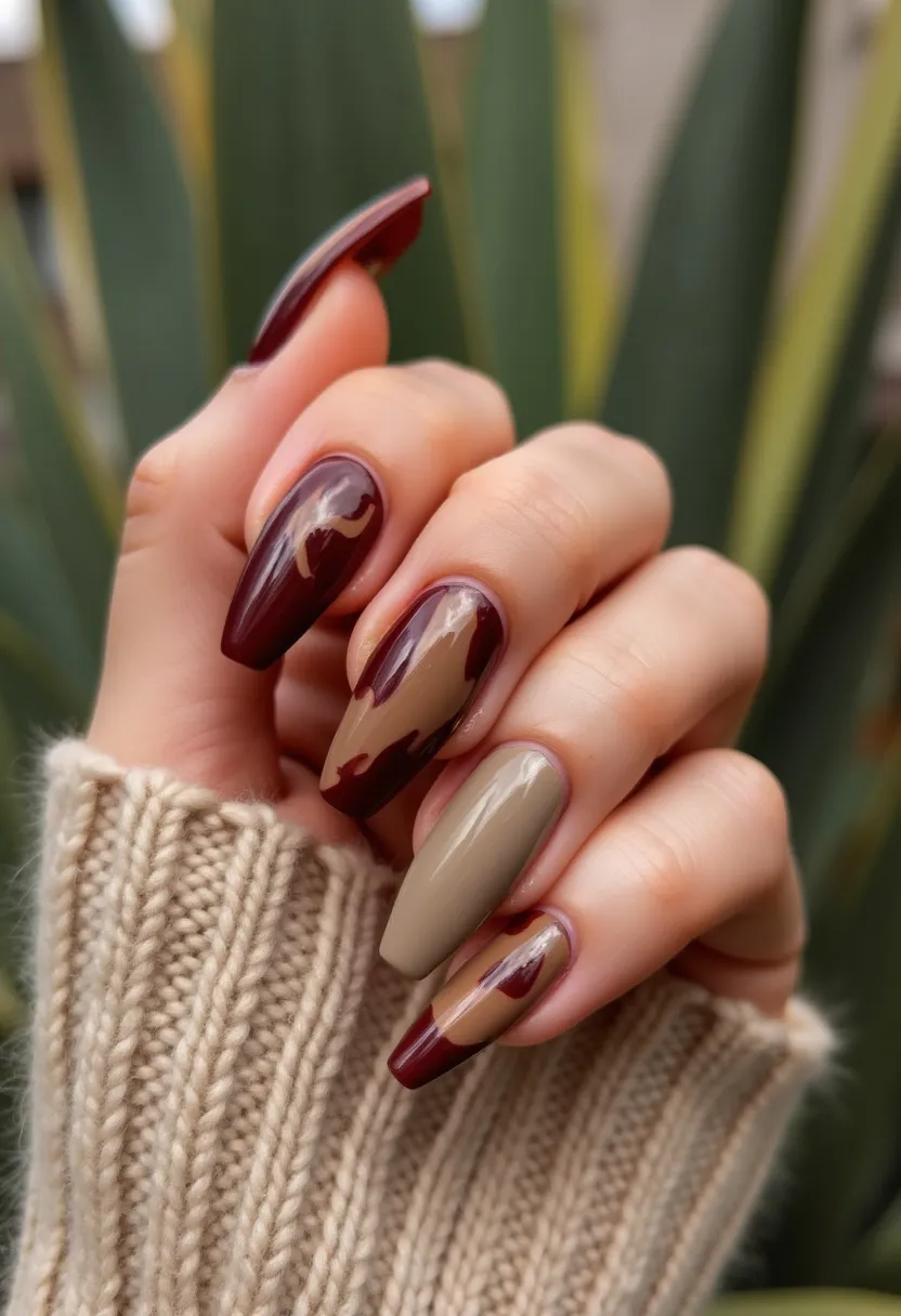 The nails are shaped in a medium-length almond style, featuring a sophisticated color palette of deep burgundy and warm taupe. The design includes a glossy burgundy base on some nails, while others display a taupe background accented with artistic streaks of burgundy, creating a subtle camouflage pattern. These intricate patterns add a unique, chic touch to the manicure. The nails appear to have a gel treatment, given their smooth and shiny finish. The overall look suggests a modern, autumn-inspired theme, suitable for both casual outings and more formal events.