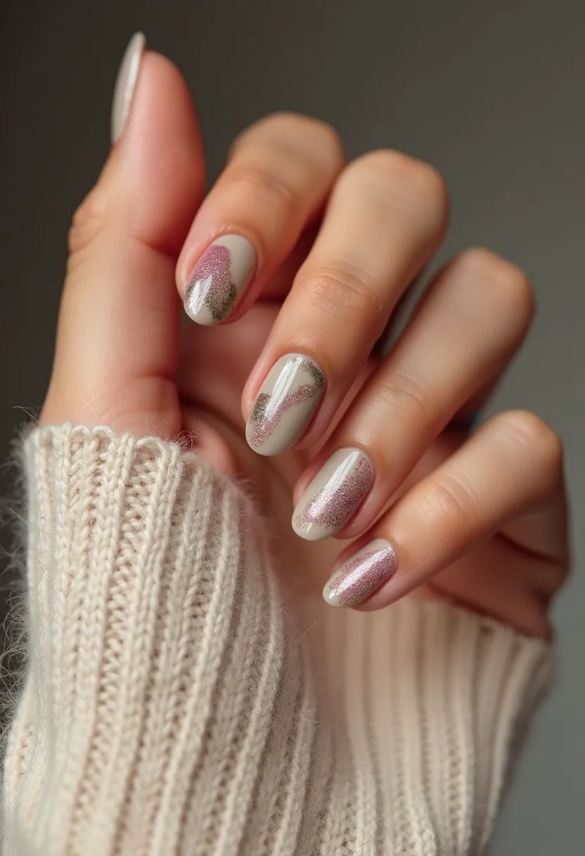 The nail design features a sophisticated and muted color palette with base tones of light beige, complemented by intricate metallic accents. The nails are medium length with an almond shape, providing an elegant and classic appearance. The design includes abstract patterns with shimmering pink and gold flecks, artistically arranged to create a subtle and refined look. The nails appear to have a glossy finish, suggesting a gel or shellac treatment, which enhances the depth of the colors and ensures durability. This design has a cozy and chic aesthetic, making it suitable for the autumn or winter season, perfectly complementing a stylish and warm sweater ensemble.