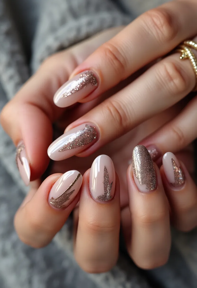 This nail design features a sophisticated and elegant color palette primarily consisting of a nude base with intricate patterns of shimmering gold and silver glitter. The nails are medium-length and almond-shaped, providing a classy and elongating effect to the fingers. The detailed decoration on the nails includes artfully placed glitter accents that appear as abstract shapes and streaks, offering a modern and artistic flair. This design is indicative of gel or acrylic nail treatment given the smooth finish and the intricate detailing. The glitter accents give an impression of a festive or celebratory theme, making it perfect for special occasions such as holiday parties or formal events.