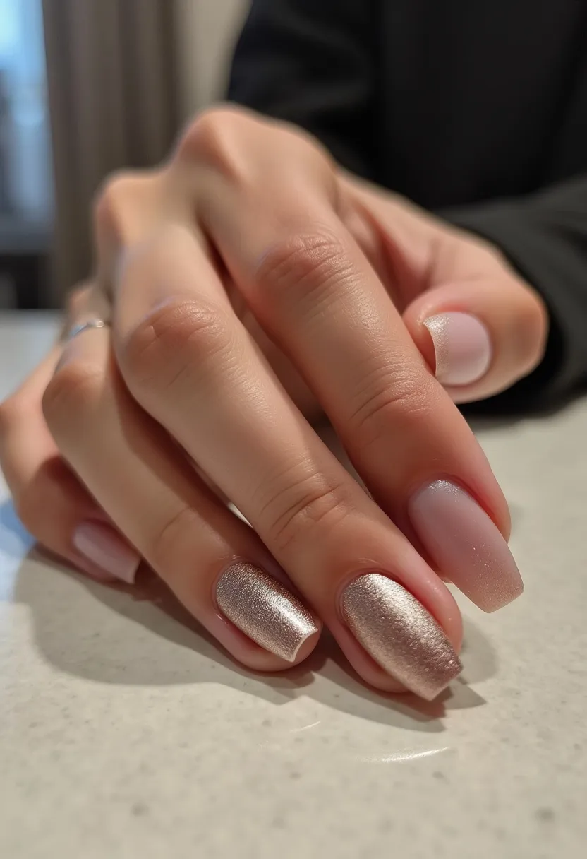 The nail design features a sophisticated and elegant style with a muted color palette. The nails are medium-length and square-shaped. The primary color is a soft blush pink, which covers most of the nails in a matte finish, giving them a subtle and understated look. One of the nails stands out with a metallic, rose gold finish, adding a hint of glamour and a contrasting texture against the matte pink. The combination of colors and textures suggests a gel treatment, which provides a glossy, durable finish on the metallic nail and a smooth, even coat on the matte pink ones. The overall design is minimalist yet chic, making it suitable for formal occasions or seasonal themes like fall or winter.