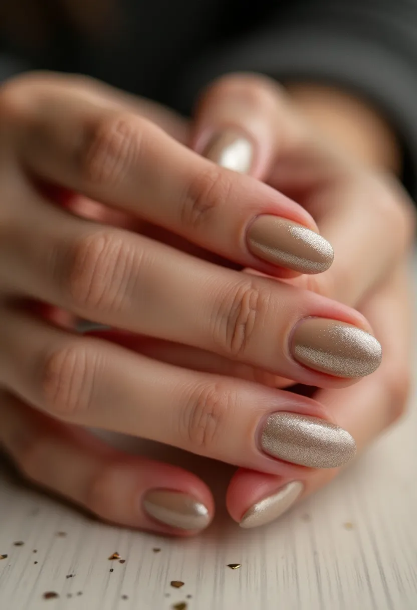 The nail design showcased here features a sophisticated and elegant look, with a color palette focused on a shimmery, metallic beige or champagne shade. The nails are shaped in a classic oval form, adding to the refined appearance. The polish appears to be smooth and evenly applied, suggesting a professional gel treatment that provides both a glossy finish and long-lasting durability. This design does not incorporate intricate patterns or decorations, relying instead on the subtle shimmer of the polish to provide visual interest. The choice of color and style makes it suitable for a variety of occasions, from formal events to everyday wear, without adhering to a specific seasonal theme. The overall look is minimalistic yet chic, offering a timeless aesthetic.