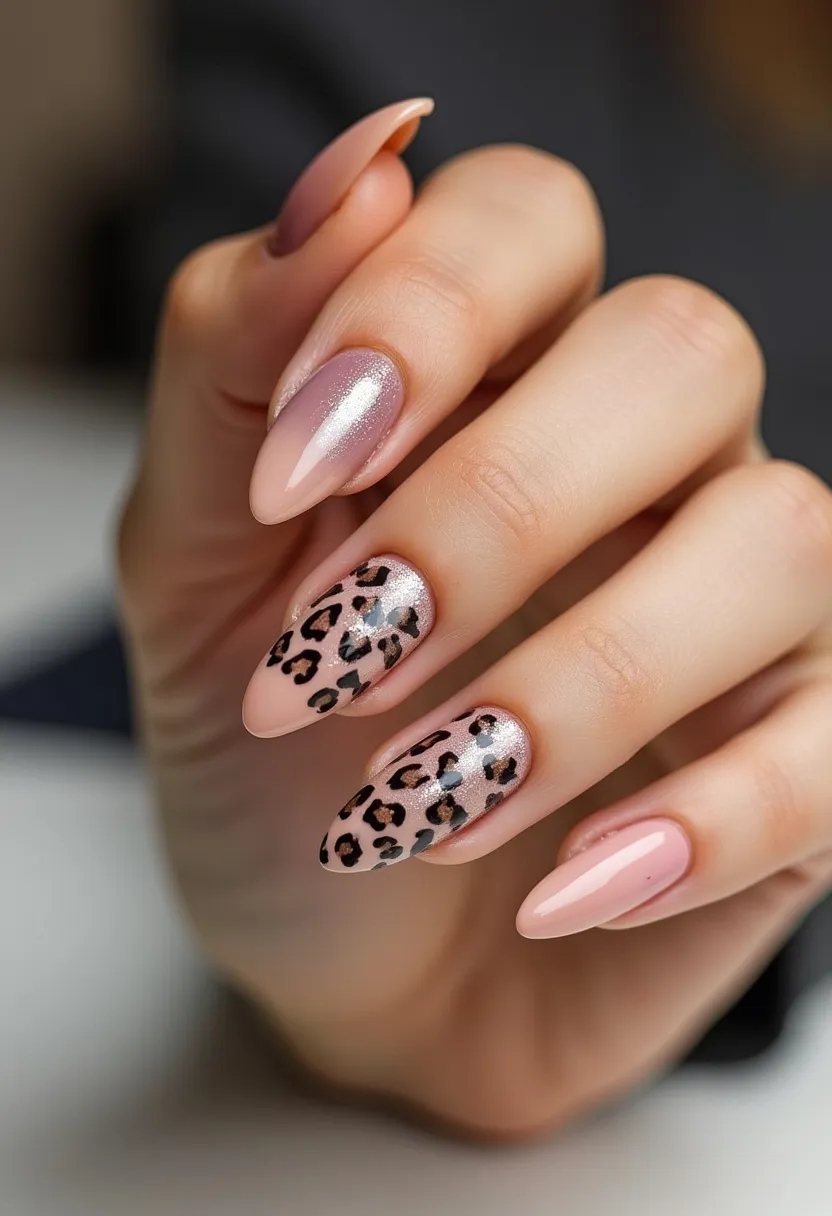 The nail design features a sophisticated almond shape, with a soft and glamorous color palette comprising light pink, nude, and silver tones. Two nails display a striking leopard print pattern, incorporating shades of black and dark brown, set against a shimmery silver background. The other nails are elegantly painted in solid colors: two in a delicate light pink, and one in a glossy, shimmering silver. Given the finishes and durability common to this type of artwork, it appears to utilize gel or shellac nail treatments. The combination of soft colors, glitter, and animal print evokes a chic, versatile look suitable for both everyday wear and special occasions.