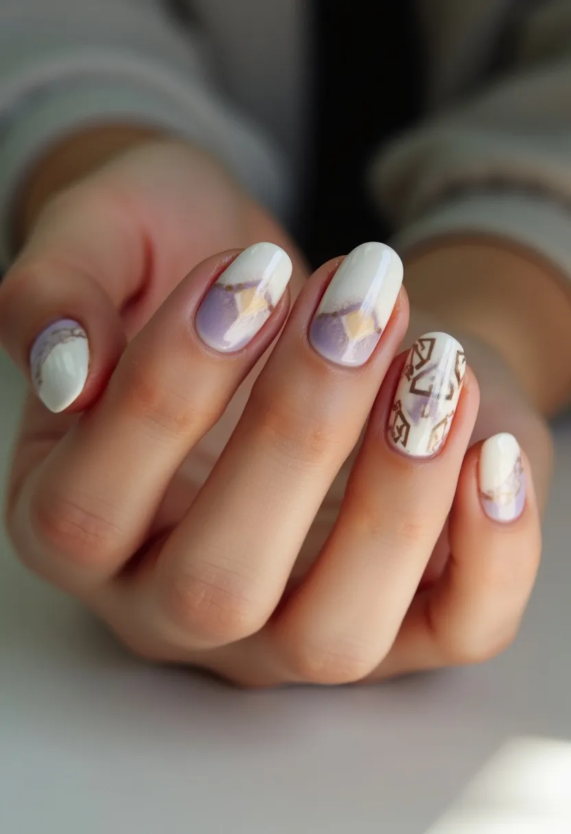 The nail design features a soft and elegant color palette predominantly of white, lavender, and gold. The nails are oval-shaped and exhibit an intricate geometric pattern primarily in white with lavender gradients. One of the nails includes gold detailing on top of the lavender background, adding a touch of sophistication to the design. The finishes appear smooth and glossy, suggesting a gel treatment that enhances shine and durability. The design incorporates delicate marbling effects and geometric accents, possibly inspired by seasonal themes of spring or summer due to the pastel hues and light, airy feel. The cohesive design and intricate details make it suitable for special occasions or a stylish everyday look.