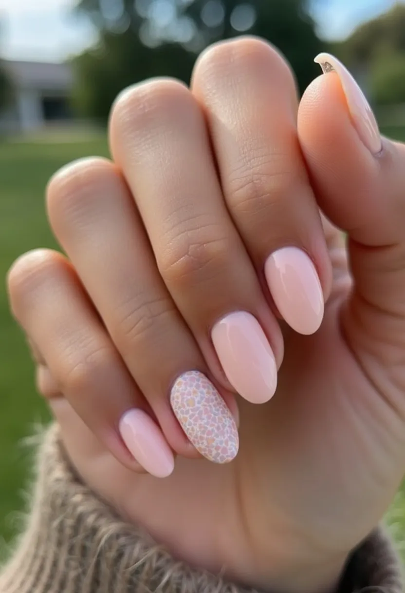 The nail design features a soft pastel palette predominantly in a pale pink shade. The nails are almond-shaped, which is a flattering and elegant choice. Each nail is painted with a glossy finish, suggesting the use of gel polish for a long-lasting and shiny effect. An accent nail is adorned with an intricate, delicate mosaic-like pattern in coordinating pastel hues of pink, white, and yellow, adding a touch of artistry and uniqueness to the design. This manicure feels suitable for spring or summer, given the light and airy colors and the floral-like pattern on the accent nail. It is ideal for both everyday wear and special occasions requiring a subtle yet sophisticated look.