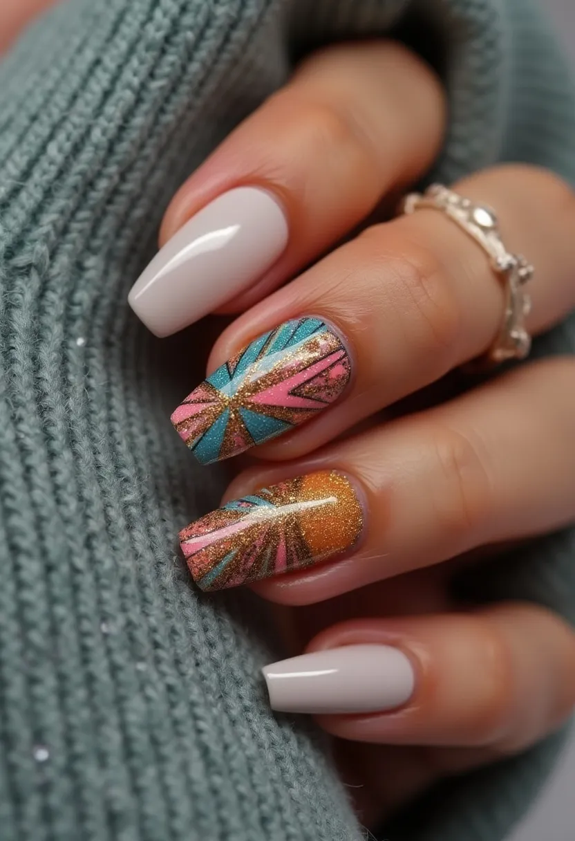 The nail design features a combination of neutral and vibrant colors, primarily showcasing a pastel pink base and a detailed, intricate geometric pattern. The nails are medium-length with a coffin shape. The thumb, index, and pinky nails are painted a solid, glossy pastel pink, suggesting a classic and elegant look. The middle and ring fingers, however, stand out with their unique, eye-catching designs which incorporate gold glitter details with segments of turquoise, salmon pink, and orange hues in a starburst pattern. The use of glitter adds a festive touch, making the design suitable for special occasions or seasonal celebrations. The smooth, shiny finish of the nails suggests a gel or possibly shellac treatment, providing durability and a glossy appearance.