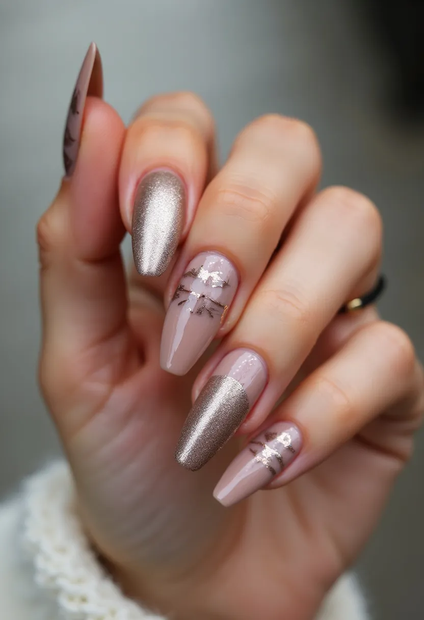 This nail design features a sophisticated neutral palette with shades of nude and metallic silver. The nails have been shaped into a long, almond shape that accentuates the elegance of the design. There are intricate patterns on some nails, including delicate silver and black lines that resemble abstract art or minimalist winter motifs, giving a subtle nod to seasonal themes. The alternate nails showcase a full metallic silver finish, bringing a touch of glamor. The glossy finish suggests a gel or possibly acrylic treatment, ensuring durability and a sleek look. The overall design is refined and would be suitable for special occasions or a stylish winter aesthetic.