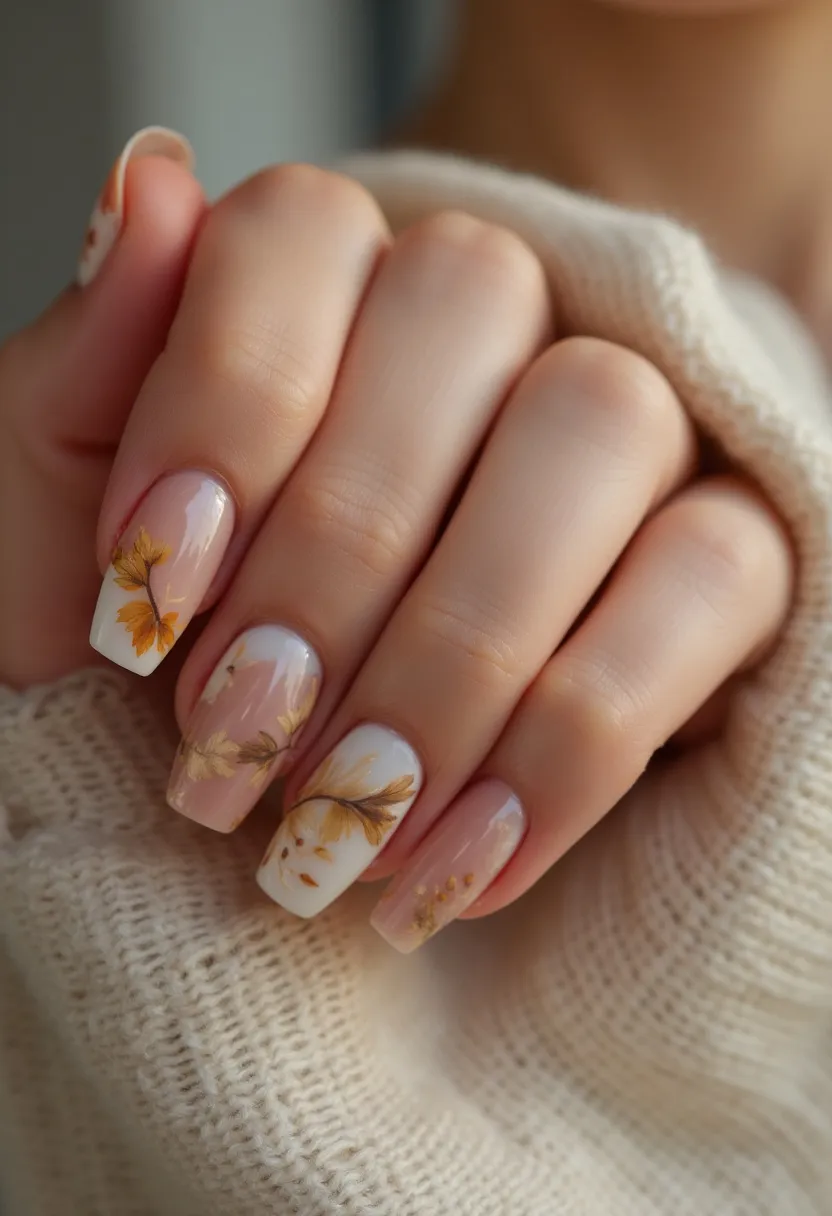 The nails feature a beautifully done autumn-inspired design with a warm and soft color palette. The base color of the nails appears to be a translucent nude or light pink, complemented by intricate designs in shades of white, yellow, and gold. Each nail showcases delicate patterns of fall leaves, bringing an intricate botanical theme to the forefront. The designs are meticulously applied, resembling dried flowers embedded within the nail treatment. The nails are shaped into a medium-length, square tip, providing a classic and elegant appearance. The nail treatment seems to be gel, given the smooth and glossy finish, enhancing both the durability and aesthetic appeal of the artwork. The overall design evokes a seasonal theme appropriate for autumn or a fall event, celebrating the beauty of nature's transition with muted and harmonious hues.