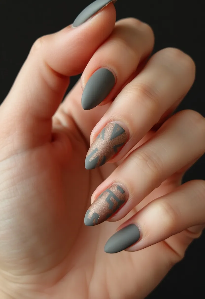 The nail design features a sophisticated mix of matte gray and a shimmery bronze color palette. The nails are shaped in a refined almond style, which complements the elegant design. The index and middle nails showcase intricate geometric patterns in gray atop the bronze base, creating a striking contrast and visual interest. The intricate designs suggest a professional application, likely using gel or acrylic treatments to achieve the smooth, enduring finish. This nail art is versatile and stylish, suitable for both everyday wear and special occasions, adding a touch of modern elegance with its muted tones and precise detailing.