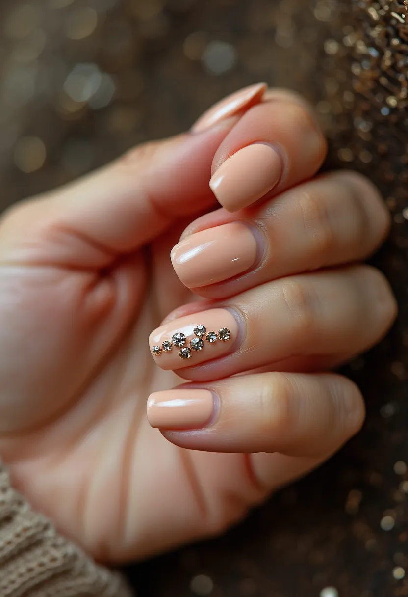 This nail design features a classy and understated palette with a nude or light beige color, complemented by a smooth and glossy finish that suggests a gel or shellac treatment. The nails are medium length and square-shaped with rounded edges. On the ring finger, there is an elegant decoration consisting of small, shimmering rhinestones arranged in a floral pattern, adding a touch of sparkle and sophistication. This design, with its subtle base color and refined embellishments, is versatile and suitable for various occasions, including weddings, formal events, or special gatherings. The overall look is chic and polished, perfect for those seeking a stylish yet minimalistic manicure.