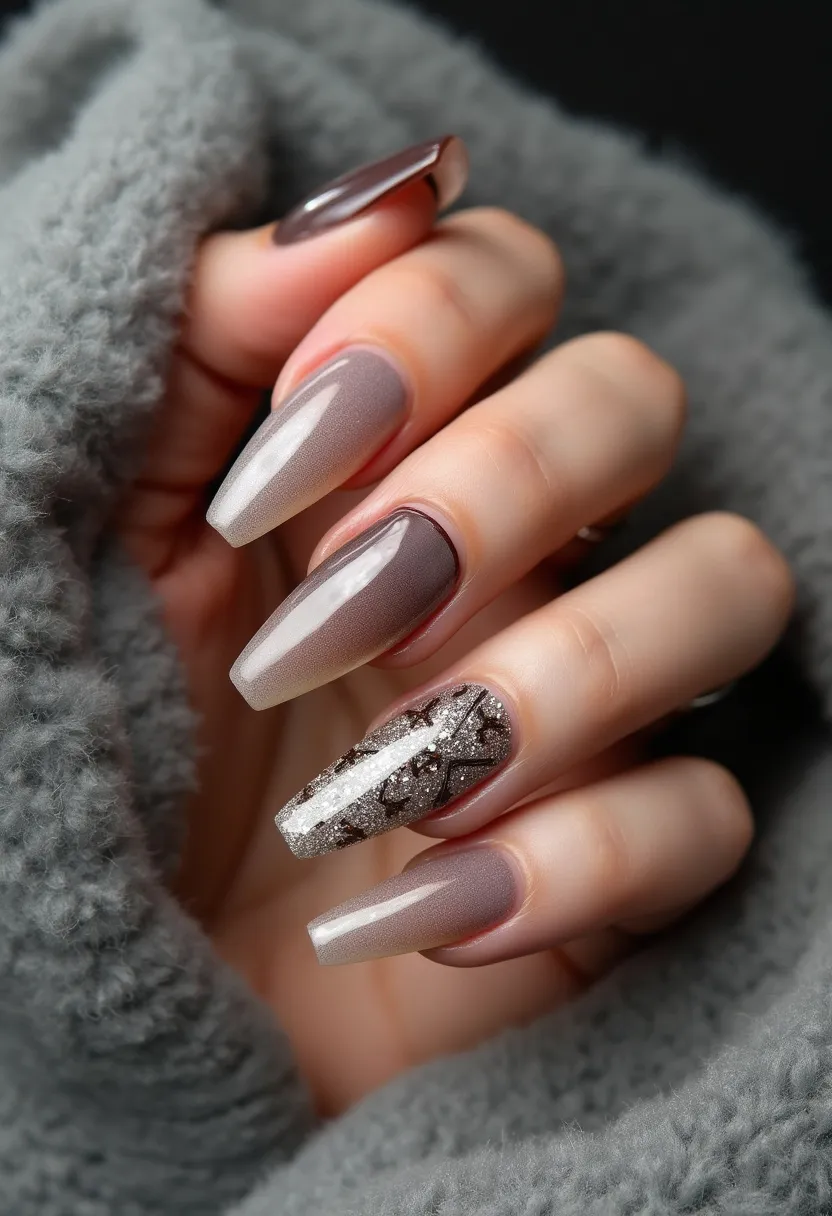 This nail design features a sophisticated and elegant color palette of grey and taupe shades, complemented by a luxurious glitter accent. The nails are long and perfectly shaped into a modern coffin style, creating an elongated and chic appearance. The primary treatment appears to be a smooth gel or acrylic application, offering a glossy and polished finish. One of the nails is adorned with intricate silver glitter and black patterns, adding a festive and glamorous touch suitable for winter or holiday celebrations. The design showcases a beautiful blend of simplicity and ornate detail, making it ideal for special occasions or a stylish everyday look.