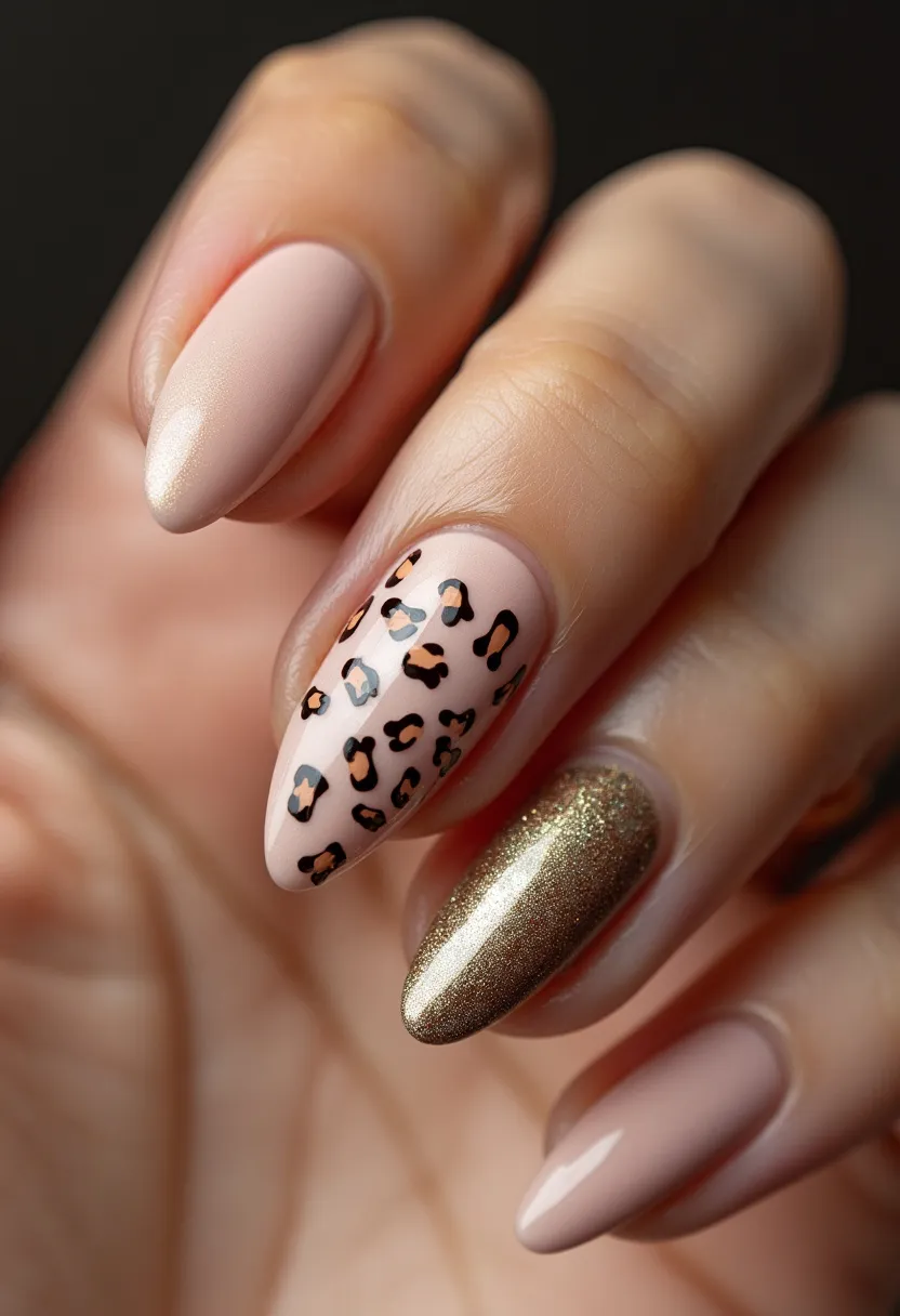 The nail design features an elegant and stylish look with a well-balanced color palette. The nails are almond-shaped and display a variety of finishes and patterns. The primary color used is a soft, nude pink, applied uniformly across most nails, creating a seamless base. One nail stands out with a chic leopard print pattern, utilizing black and brown hues to create the animal print against the nude background, adding a lively and fashionable element to the design. Another nail is coated entirely in a shimmering gold color, adding a touch of glamour and sophistication. Given the smooth and glossy finish, it is likely that the treatment used is either gel or shellac, ensuring long-lasting shine and durability. This design is versatile and suitable for both everyday elegance and special occasions, with its mix of neutral tones and eye-catching details.