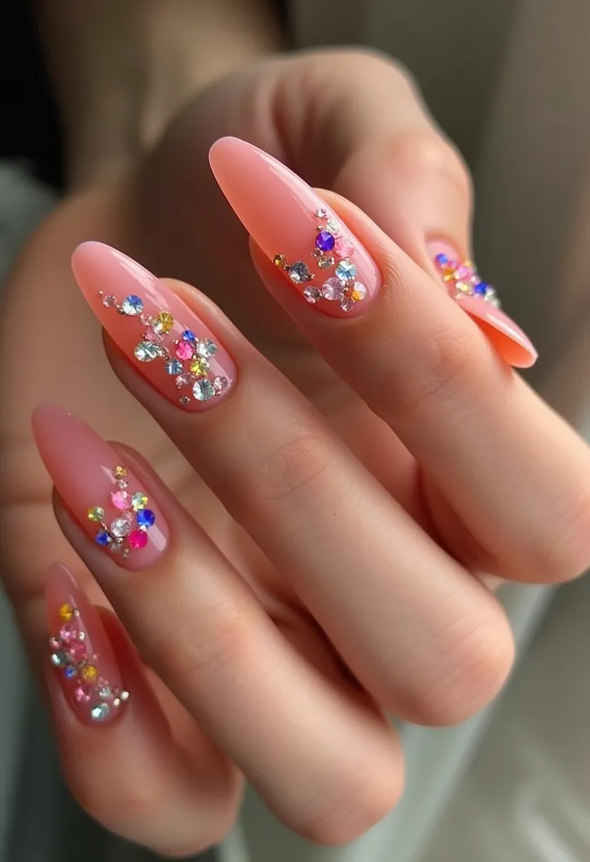 The nail design showcases a set of elongated almond-shaped nails adorned with a soft, translucent pink base color. Each nail is intricately decorated with an array of multi-colored rhinestones that exhibit a dazzling effect, creating a stunning 3D embellishment. The rhinestones are carefully placed in clusters, adding a touch of glamour and sparkle to the overall look. This design appears to utilize a gel treatment, allowing for a smooth and glossy finish that enhances the vibrancy of the colors. The combination of delicate pink and bright, reflective rhinestones offers a versatile look that could be suitable for special occasions or festive celebrations, providing an elegant and eye-catching appeal.