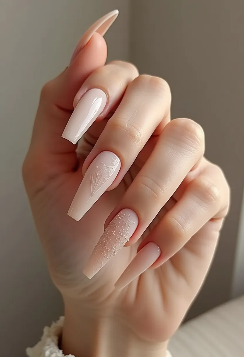 This nail design features a long, coffin-shaped nail style, emphasizing sophistication and elegance. The color palette predominantly consists of soft, muted nude shades, ideal for a neutral and refined look. Intricate patterns and decorations include a finely etched diamond design on the middle finger nail, adding a touch of glamor to the simplistic theme. Additionally, the ring finger nail is adorned with subtle, textured glitter that offers a slight contrast while maintaining the overall aesthetic harmony. This design appears to be created using gel nail polish, giving it a glossy and durable finish. The choice of color and decoration suggests a versatile style suitable for various occasions, from everyday wear to special events.