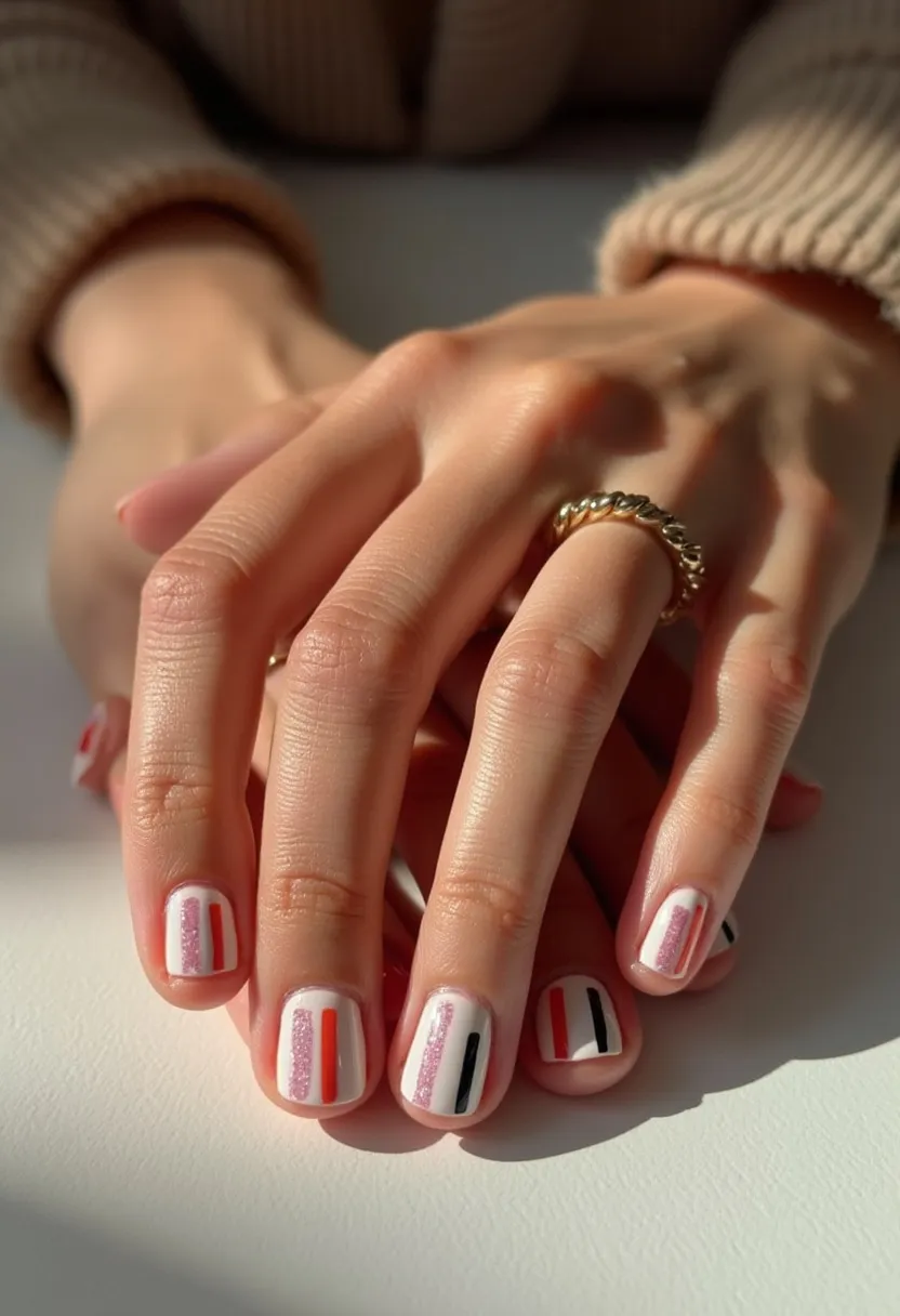 The nail design features a modern and trendy palette with a white base color complemented by vertical stripes in pink, red, black, and a shimmering pink glitter. The nails are short and have a rounded shape, providing a neat and polished look. The intricate patterns include varying vertical lines of different thicknesses and colors, with some nails showcasing dual stripes and others a single stripe, creating a visually appealing contrast. This nail design appears to be a gel treatment due to its glossy and smooth finish. The choice of colors and the unique striped pattern make it versatile for various occasions, adding a touch of elegance and playfulness suitable for both casual and formal events. The design does not seem to follow a particular seasonal theme, making it a trendy choice for any time of the year.