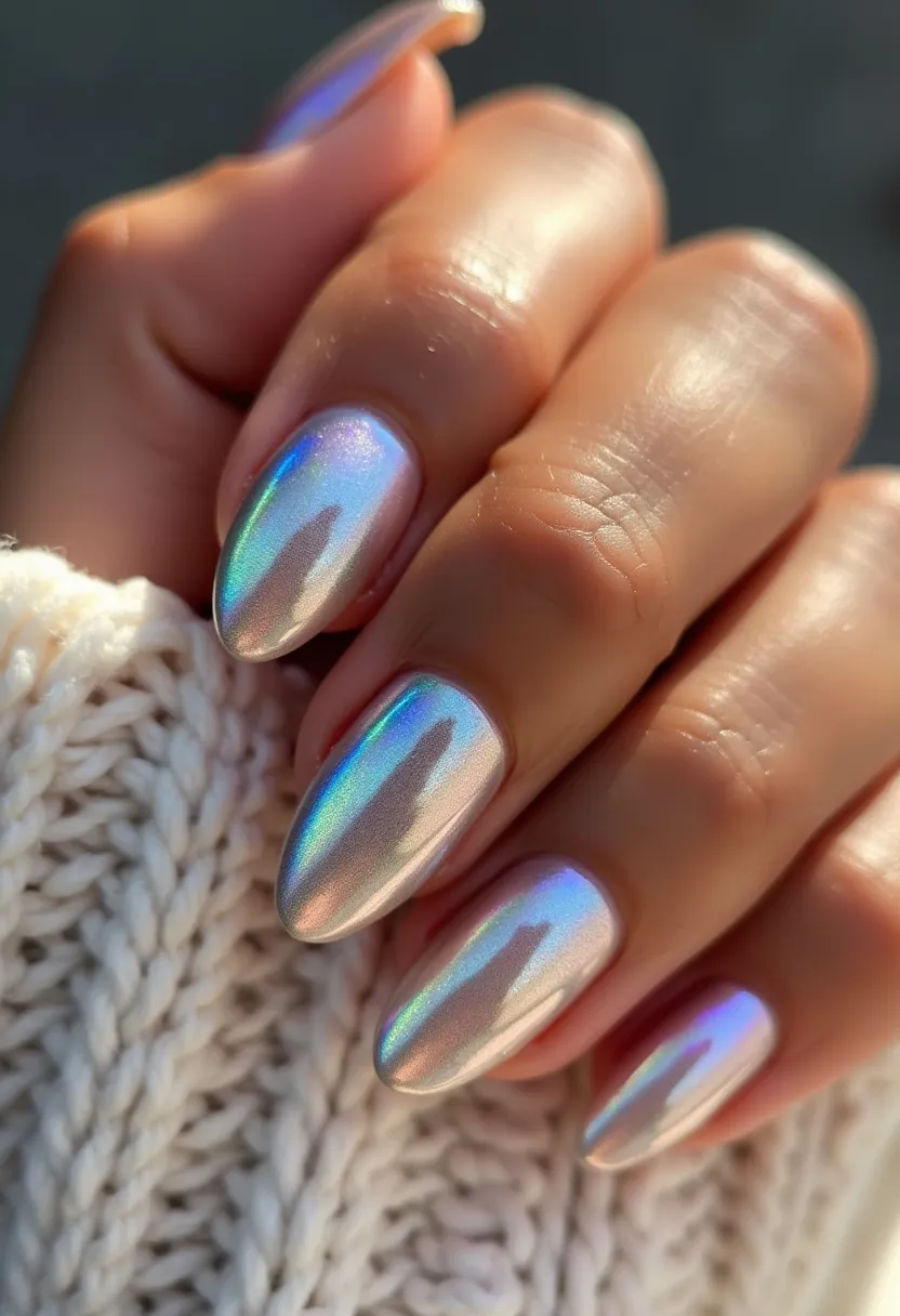 The nail design showcases a beautiful almond shape with a captivating color palette that features iridescent shades, shifting between hues of blue, green, and pink, giving a stunning holographic effect. The nails appear to be treated with gel, which provides a glossy, durable finish that enhances the rich, reflective quality of the design. This intricate holographic pattern gives the nails a futuristic and mesmerizing appearance, making them stand out for special occasions or adding a touch of elegance to everyday wear. The design could be particularly well-suited for a winter or holiday season due to its icy, luminous quality.