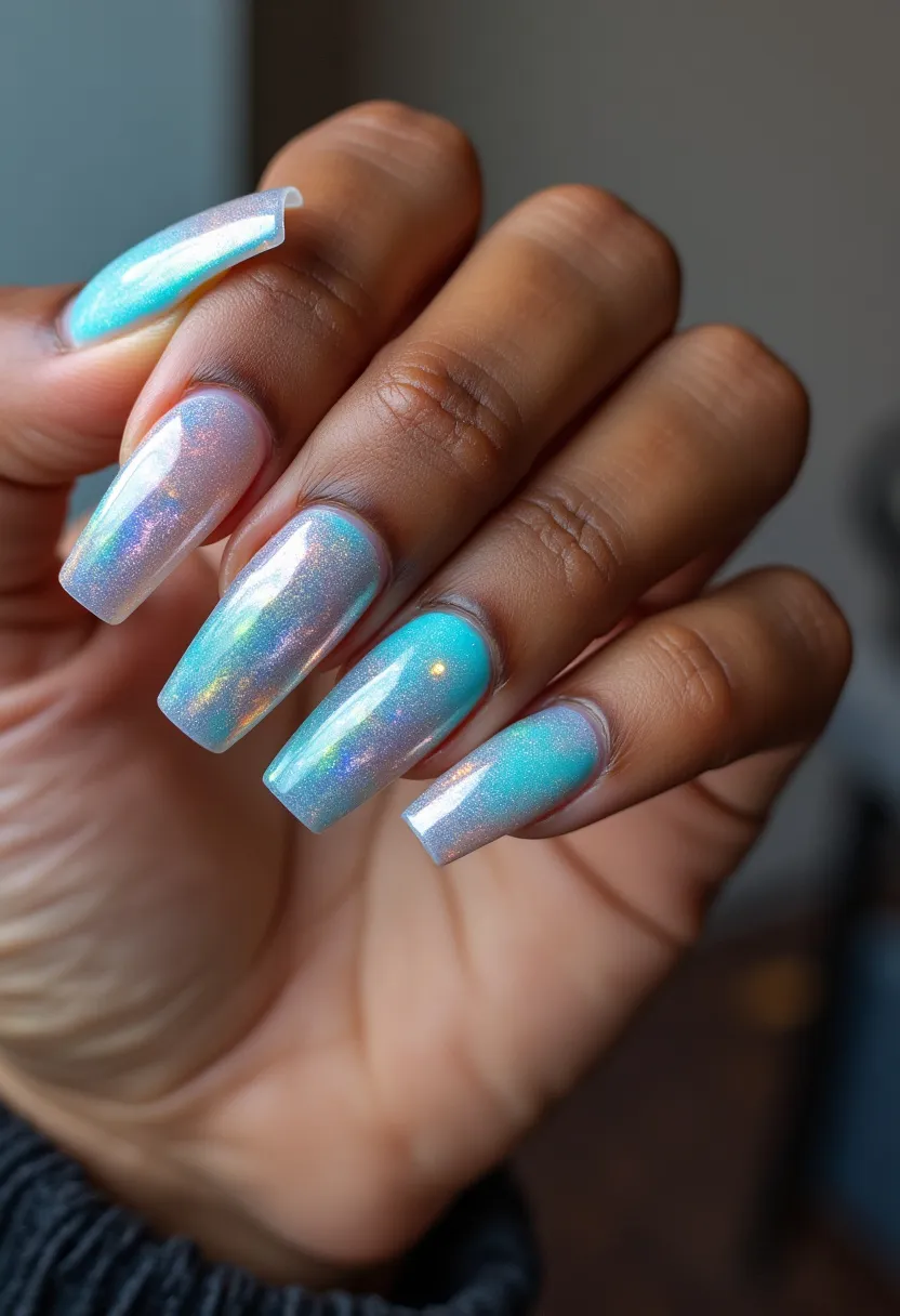 The nail design showcases a captivating holographic color palette, predominantly featuring shades of teal and pink with an iridescent sheen that shifts under different lighting. The nails are long and take on a coffin shape, providing a canvas that accentuates the holographic effect. The design does not include intricate patterns but relies on the striking iridescence for visual impact. The holographic finish suggests that the nails could be treated with gel polish, given their high gloss and smooth texture. This nail art seems particularly fitting for festive or celebratory occasions, where a touch of shimmer and glam is desired.