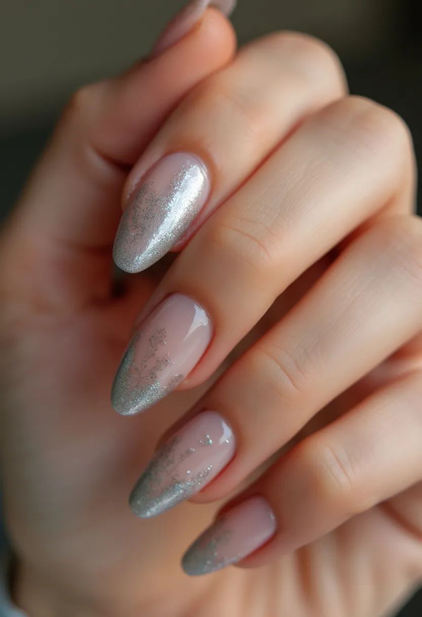 The nail design showcases an elegant and sophisticated nail palette with a silver and nude gradient. The nails are almond-shaped, which complements the overall chic aesthetic. The base of the nails starts with a natural nude shade that seamlessly transitions into a shimmering silver towards the tips. Intricate details include delicate silver glitter that resembles snowflakes or frost patterns, fitting for a winter theme or special holiday occasion. Given the high-shine and intricate details, it is likely that a gel or shellac treatment was used to achieve this look. The design is ideal for festive winter events, adding a touch of glamour and elegance to the nails.