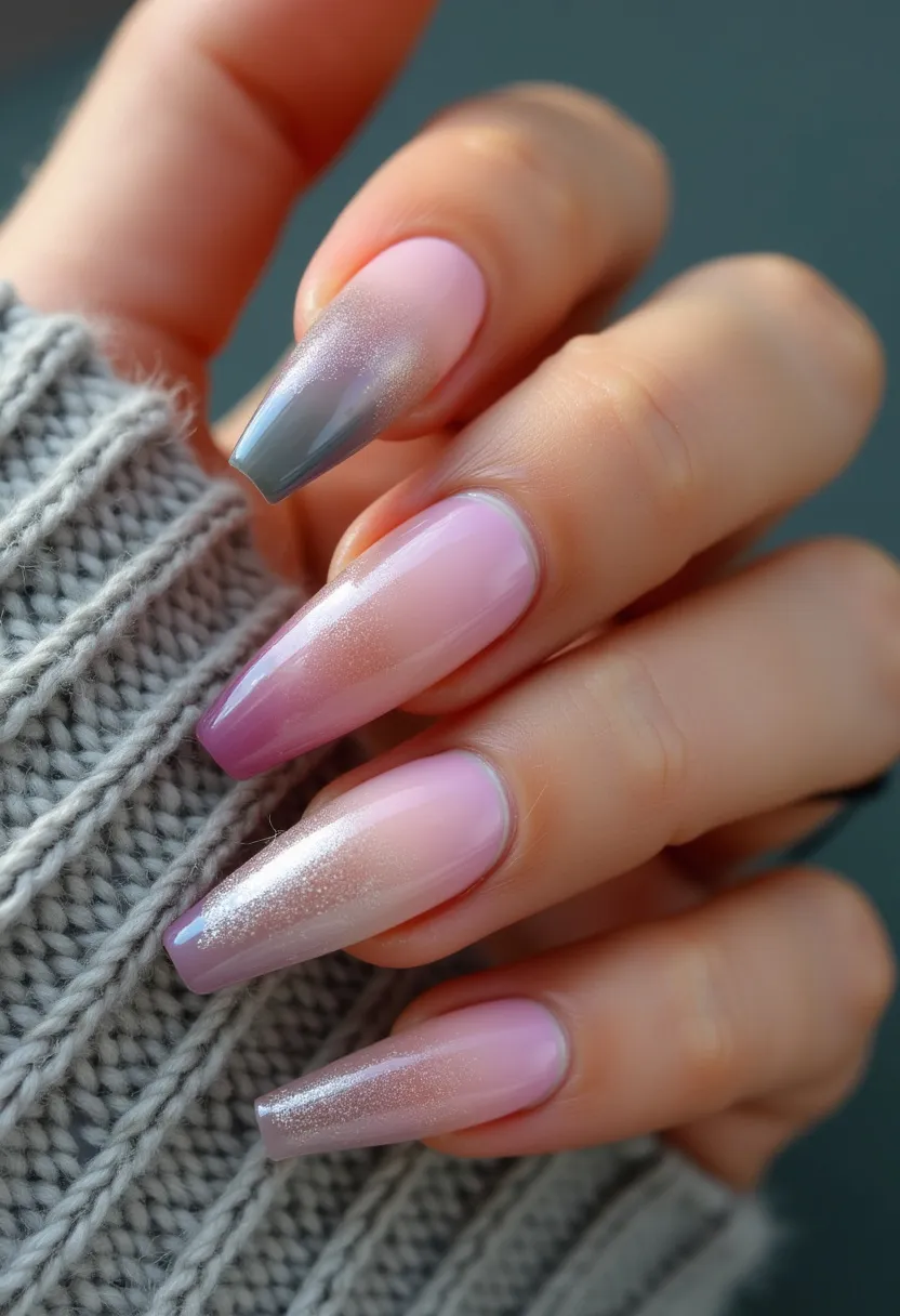 The nail design features a color palette that includes soft pinks, light grays, and shimmering white accents, delivering a delicate and sophisticated look. The nails are long with a coffin shape, characterized by their tapered sides and squared-off tips, which provide a modern and elegant appearance. The design incorporates an intricate gradient pattern where the color transitions smoothly from pink to gray and shimmers with a subtle glitter effect. This design suggests the use of gel nail treatment, known for its glossy finish and durability. The overall theme is refined and versatile, suited for both everyday elegance and special occasions, presenting an understated yet eye-catching style perfect for any season.