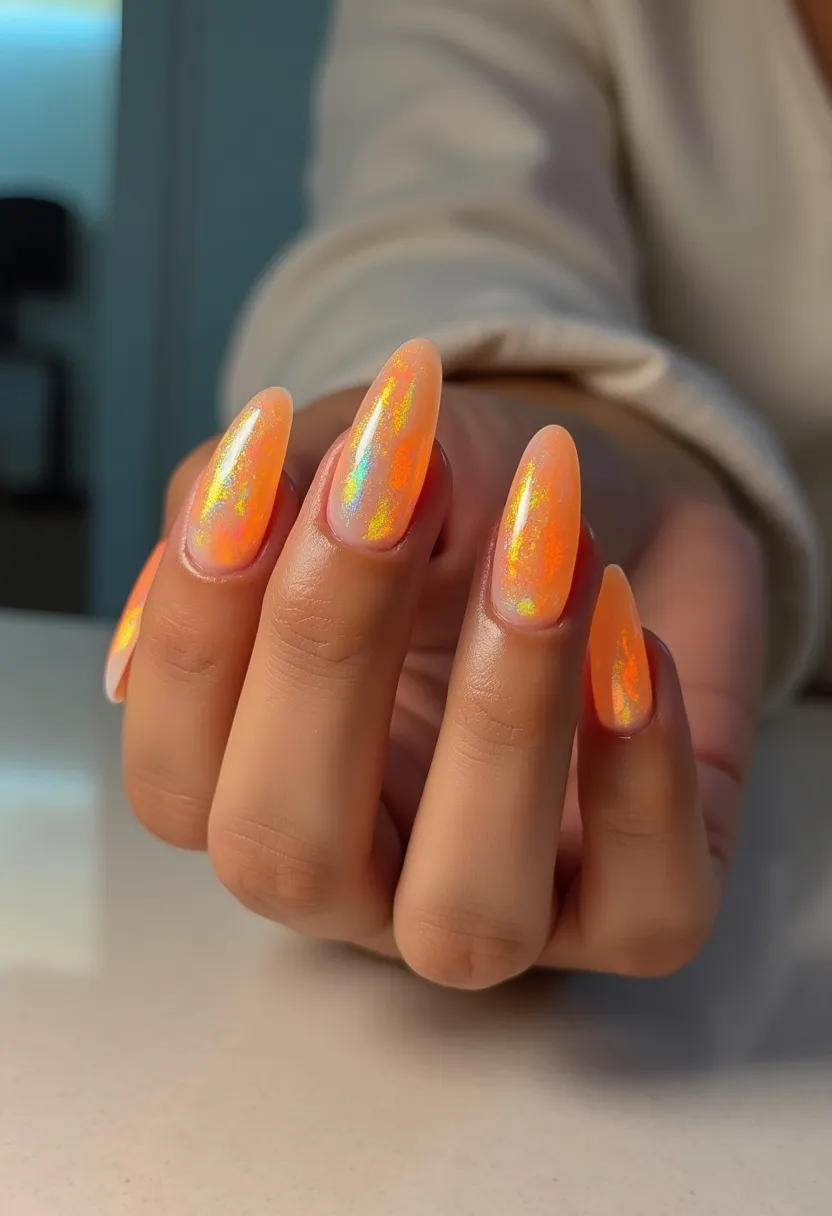 The nail design showcased features a vibrant color palette dominated by shades of bright orange with hints of yellow, and a shimmery holographic overlay that captures the light to reflect multiple colors, creating an iridescent effect. The nails are shaped in a long, almond form, offering an elegant and elongated look. This intricate pattern suggests a high-gloss gel treatment, given the reflective quality and smooth finish of the nails. The design exudes a festive and summery vibe, making it perfect for seasonal themes such as summer or special occasions like parties or celebrations. The unique iridescent decoration adds a captivating dimension, making the nails a standout feature.