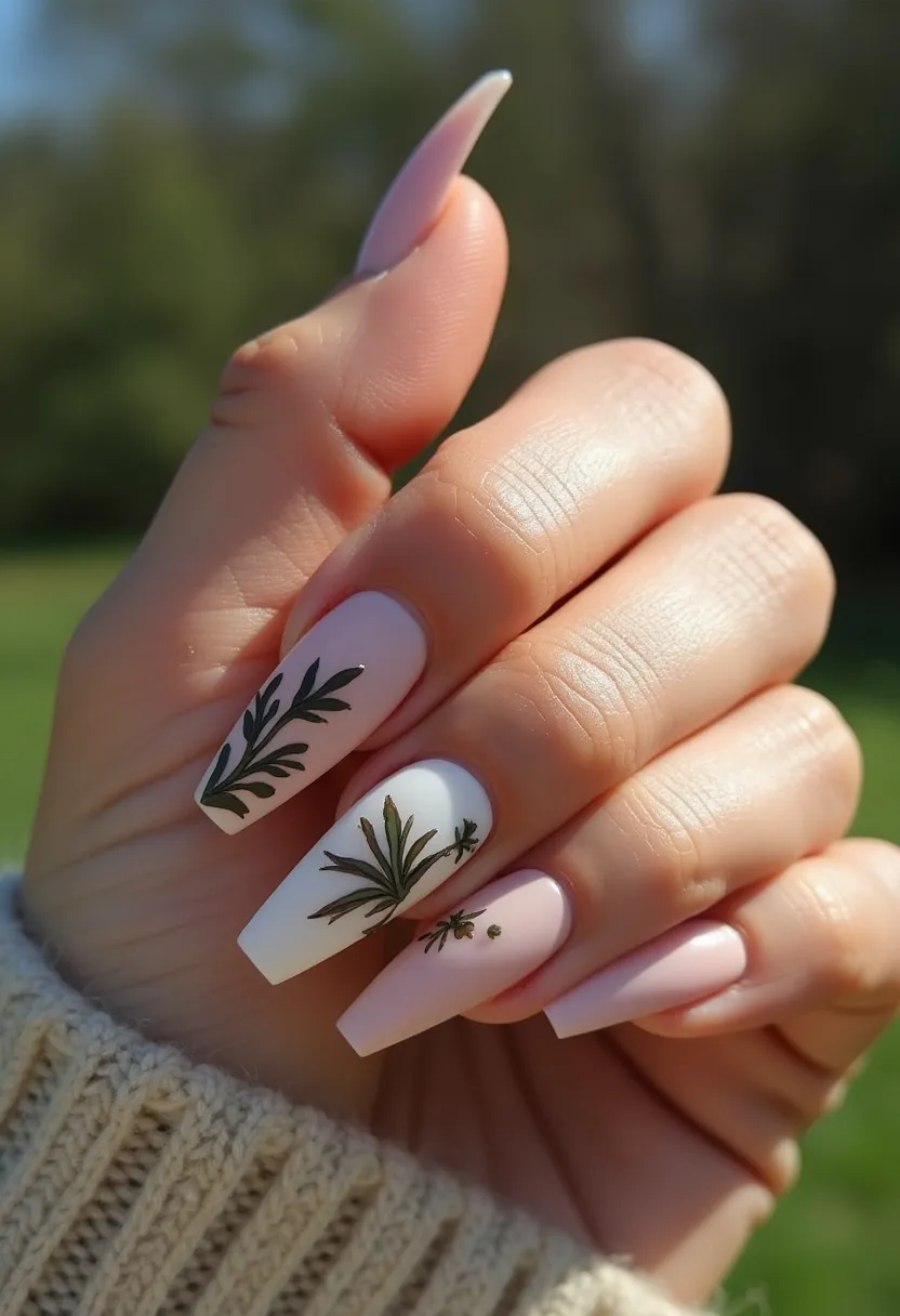 The nail design showcases a delicate and elegant aesthetic with a pastel color palette predominantly featuring soft pink and white hues. The nails are shaped in a long, tapered coffin style, providing a sophisticated and modern look. Intricate patterns adorn the nails, including detailed botanical designs with olive green and gold leaf motifs, adding a touch of nature-inspired artistry. The smooth, glossy finish suggests the use of gel nail treatment, ensuring a lasting and chip-resistant wear. This design has unique details perfect for a spring or summer seasonal theme, making it suitable for special occasions or everyday elegance.