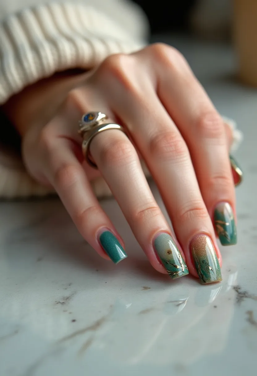 The nail design features a rectangular shape with a color palette that includes shades of green, teal, and gold. The nails are decorated with a gradient effect transitioning from green to gold, accented with delicate floral patterns and foliage. The intricate design is likely achieved using gel polish, which provides a smooth finish and allows for detailed artistry. The elegant and understated floral accents lend a hint of sophistication, making this design suitable for both everyday wear and special occasions. The overall aesthetic evokes a seasonal fall theme, with earthy tones that reflect the changing colors of autumn foliage.