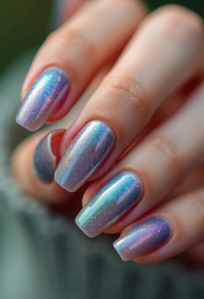 The nail design features a mesmerizing holographic color palette with a blend of iridescent shades, predominantly shimmering between silver, blue, and hints of purple. The nails are shaped in a medium to long length with a stylish coffin shape, giving them a sophisticated and elegant appearance. The surface is smooth and glossy, suggesting a gel treatment that enhances the reflective, multi-dimensional effect of the polish. There is a subtle sparkle embedded in the polish, adding to the overall enchanting and ethereal look. This design is perfect for special occasions and could be fitting for a festive, winter, or futuristic theme due to its brilliant and captivating finish.