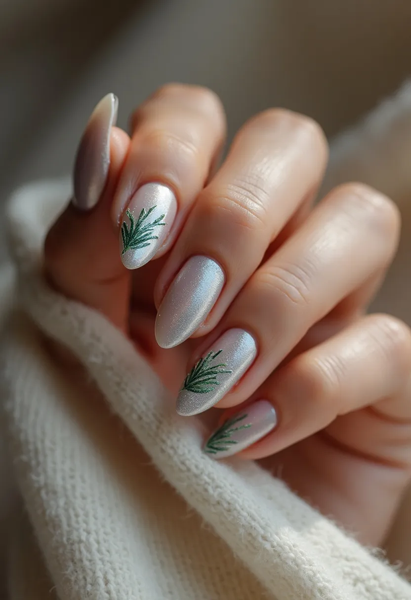 This nail design features an elegant winter-themed style with a soft, pearly white base color that adds a sophisticated shimmer to the nails. Each nail is painted with a lovely silver chrome gel polish, providing a smooth and glossy finish. The nails are shaped into an almond form, giving them a refined and elongated appearance. Adding a touch of festive charm, intricate green pine needle patterns are delicately painted on each nail, evoking a winter or holiday feel. The design focuses on simplicity and elegance, making it ideal for both seasonal occasions and stylish everyday wear.