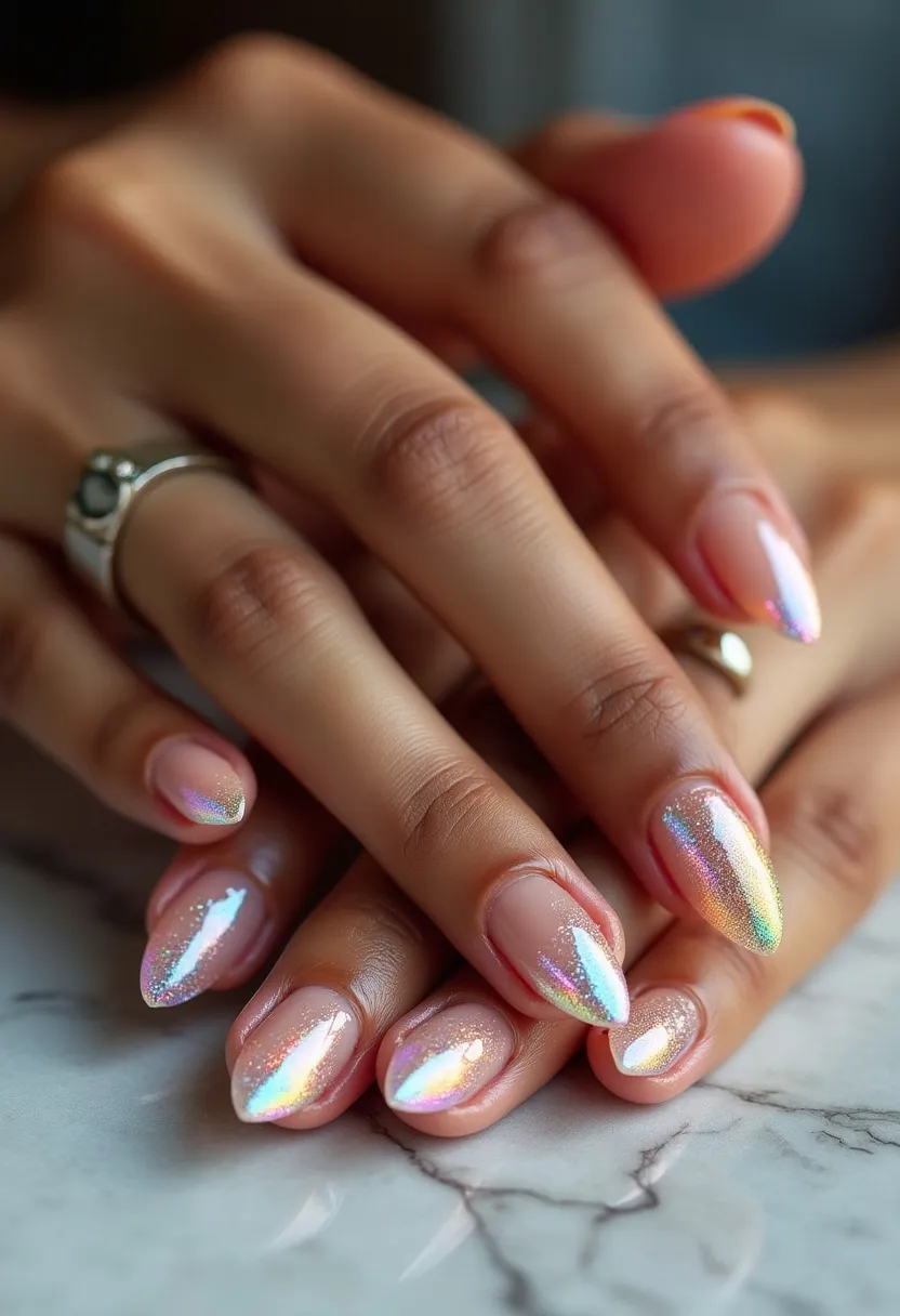 The nail design features a structured oval shape and utilizes a vibrant, holographic color palette. Each nail showcases a reflective, iridescent finish that transitions through an array of colors, primarily encompassing hues of pink, green, blue, and gold. The nails appear to be treated with gel, enhancing their glossy and durable appearance. The holographic effect and shimmering finish suggest a festive or celebratory theme, making the design suitable for special occasions or seasonal events. The clean, smooth application of the gel treatment highlights the intricate, multidimensional patterns on each nail, adding an eye-catching and uniquely elegant touch to the overall aesthetic.