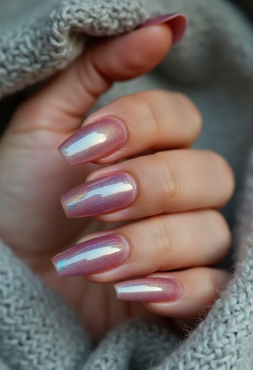 The nail design features a square-shaped nail extension utilizing a glossy, iridescent color palette with shades of pink, purple, and a hint of holographic shimmer that captures the light beautifully. The nails appear to be treated with a gel manicure, given their smooth, high-gloss finish and durability. There are no intricate patterns or additional decorations, allowing the iridescent polish to stand out on its own. The overall look exudes a sophisticated and modern vibe, possibly aligning well with a winter or holiday season theme due to the frosty sheen and elegant simplicity of the design.