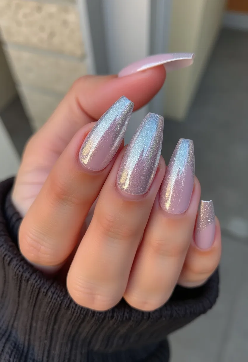 This nail design features a stunning iridescent color palette with a subtle gradient effect, transitioning from a soft pink base to a shimmering silver at the tips. The nails are long and shaped into elegant coffins, creating a sophisticated silhouette. The finish appears to be a high-gloss gel treatment, giving the nails a smooth and durable surface. The use of a holographic or chrome powder enhances the reflective quality, adding a touch of glamour. This design is likely suitable for special occasions or festive events, offering a balance of elegance and modern style.