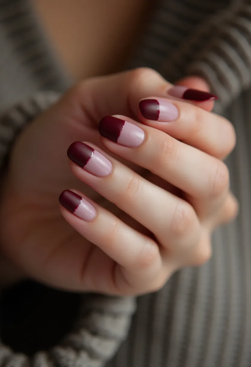 The nail design features an elegant and modern color palette, combining a deep burgundy with a muted nude pink. The nails are almond-shaped, which enhances their sophisticated appearance. The design consists of a half-and-half split where the tips are painted in the rich burgundy, while the base remains the nude pink, creating a striking contrast. The nails are likely treated with gel polish, given their glossy finish and smooth application. This intricate design is chic and versatile, suitable for autumn or winter seasons due to its dark, warm tones, and could also be perfect for a formal event or stylish everyday look.