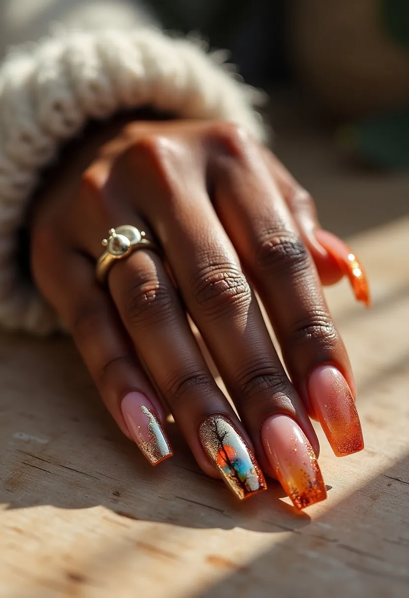 The nail design features a striking palette of colors predominantly in hues of soft pink, rich gold, blue, and bright orange. The nails have a square shape with a glossy finish, suggesting a gel treatment. Intricate patterns of gold flecks are dispersed across the nails, creating a luxurious effect. Two accent nails display an elegant blend of colors, including a mix of orange and blue alongside gold details, adding a sophisticated touch. The overall design conveys a warm, festive ambiance, possibly suited for fall or a special occasion such as a celebration or holiday event. The gradient transition from soft pink to vibrant orange on the tips captures a modern and chic aesthetic.