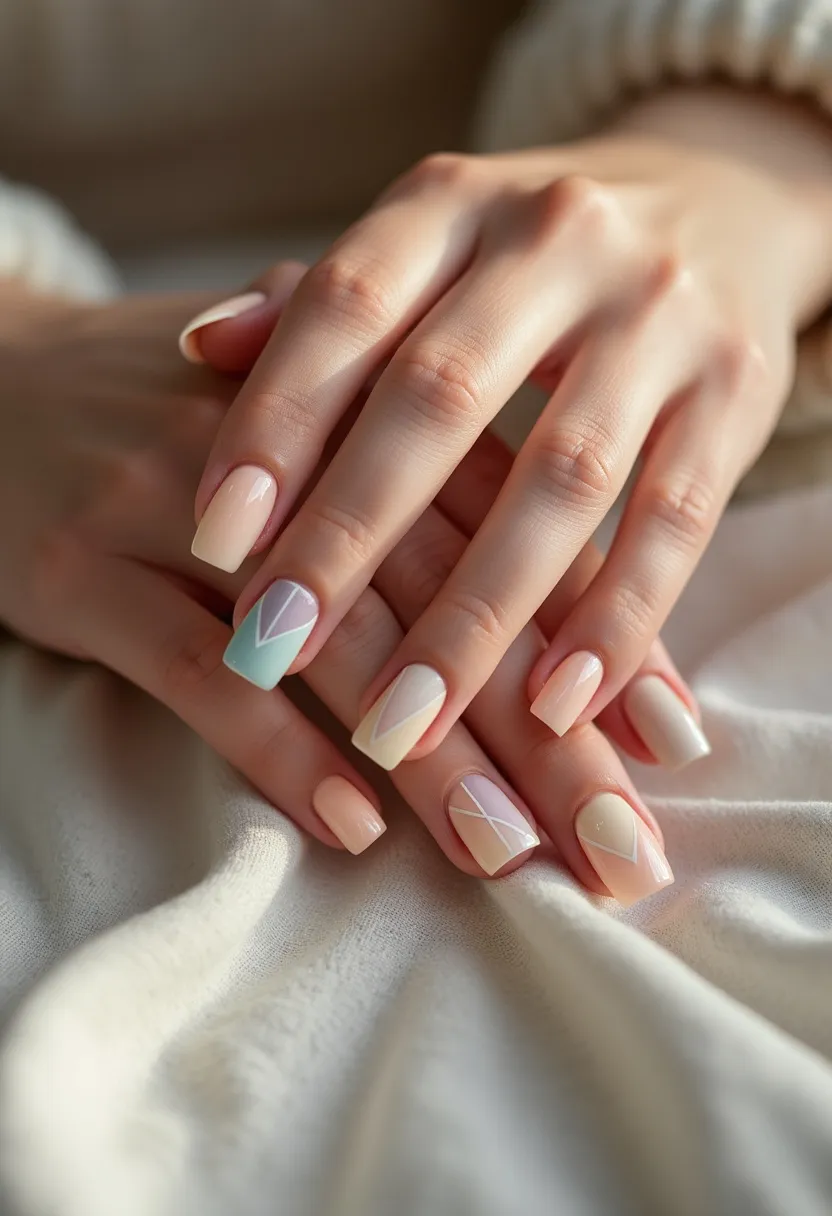 This nail design features a pastel color palette with soft hues of nude, light pink, mint green, and lavender. The nails are medium-length and shaped into a gentle square with rounded edges. The design includes intricate geometric patterns, particularly on the middle and ring fingers, where subtle white lines create triangular shapes that add a modern and minimalist aesthetic. The base of the nails has a glossy finish, suggesting the use of gel polish. The overall look feels fresh and elegant, making it suitable for spring or any special occasion that calls for a subtle and sophisticated touch.