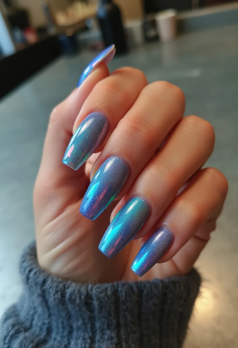 The nail design features a stunning holographic effect with a blend of blue and purple hues, creating a dynamic and eye-catching color palette. The nails have a coffin shape that adds a modern and chic look to the overall design. The holographic polish reflects a spectrum of colors, giving a mesmerizing finish that shimmers brightly in light. This manicure appears to use a gel treatment, ensuring a glossy and durable finish. The design is sophisticated but playful, making it suitable for special occasions or as a statement look any time of the year.