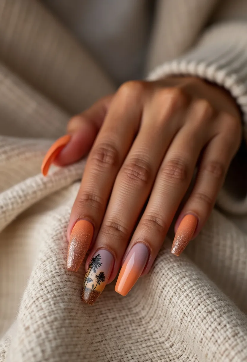 The nail design features a beautiful blend of warm, sunset-inspired colors, including shades of orange, peach, and a hint of lavender. The nails are shaped in a long, coffin style, adding to the elegant appearance. The design includes intricate patterns, such as a gradient effect transitioning from orange to a shimmery, glittery tip, and a charming palm tree silhouette, evoking a tropical, beach theme. This nail art appears to be achieved with gel polish, known for its glossy finish and durability. The design is perfect for a summer vacation or a beach-themed event, capturing the essence of a picturesque sunset by the sea.