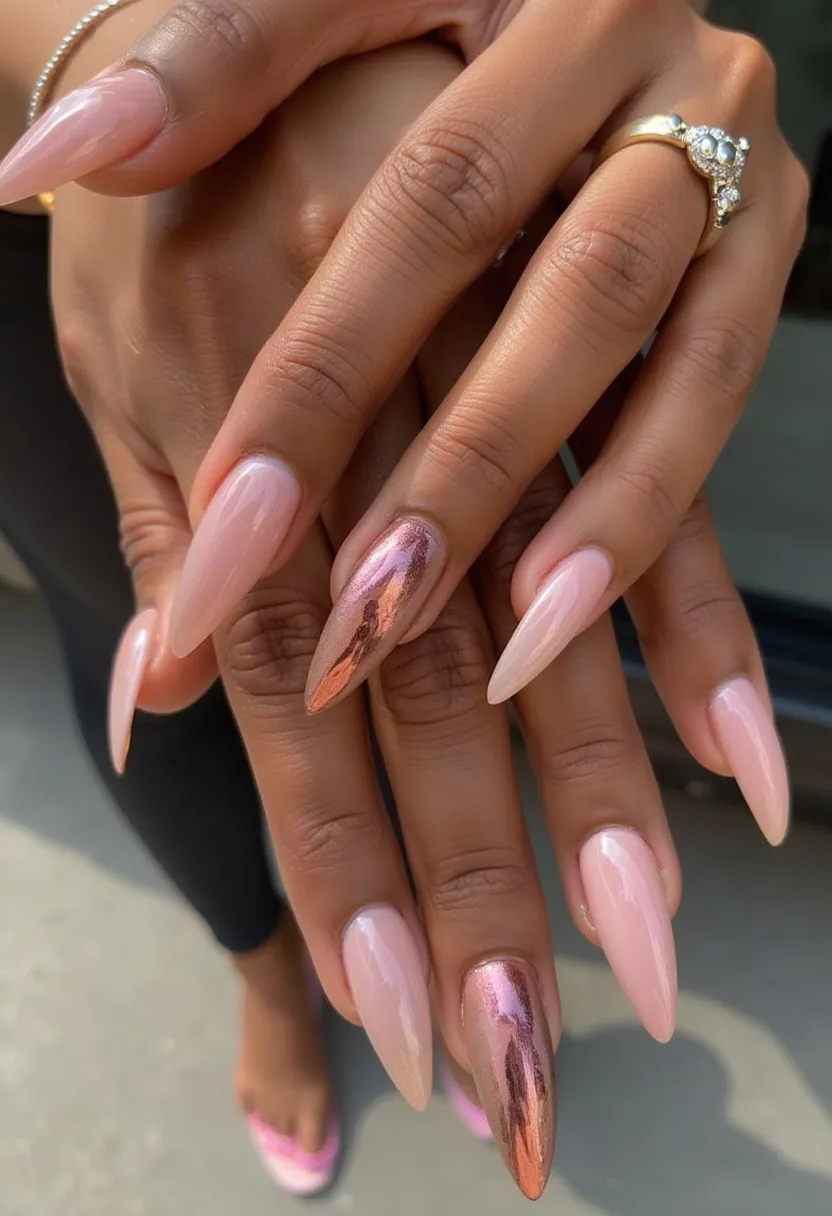 The nail design features a stiletto shape with a glossy finish, likely achieved through either gel or acrylic treatment. The color palette predominantly includes a soft, blush pink which covers most of the nails. One accent nail on each hand is distinctively decorated with a metallic rose gold chrome finish, adding a touch of elegance and glamour. The overall look is sophisticated, making it suitable for special occasions such as weddings or formal events. The blend of pastel pink with the vibrant metallic hue creates a visually striking and trendy manicure.