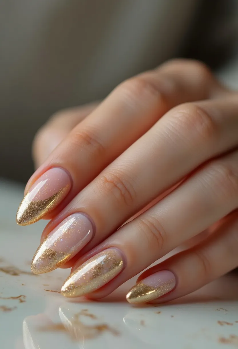 The nail design features an elegant almond shape that elongates the fingers and adds a touch of sophistication. The color palette includes a soft, transparent nude base, with a dramatic gold glitter accent on the tips, reminiscent of a modern French manicure with a twist. The nails appear to have been treated with a gel or shellac coating, ensuring a smooth, glossy finish that enhances the durability of the design. The gold glitter is intricately blended towards the cuticles, creating a gradient effect that adds depth and a luxurious feel. This design would be perfect for a festive or celebratory occasion, evoking a sense of glamour and festivity fitting for special events or holiday seasons.