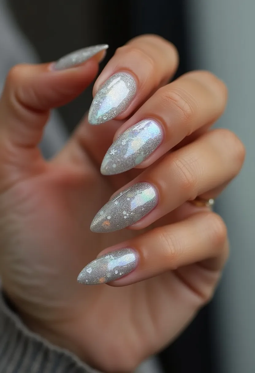 This nail design features a sleek stiletto shape with a stunning iridescent silver base color that reflects a spectrum of light, creating a holographic effect. The nail treatment appears to be done with gel polish, providing a smooth and glossy finish. Intricate details include delicate snowflake and small dot patterns that accentuate the overall frosty and celestial allure of the design. The reflective quality and winter-inspired decorations suggest a festive theme, making these nails a perfect choice for the holiday season or winter celebrations.