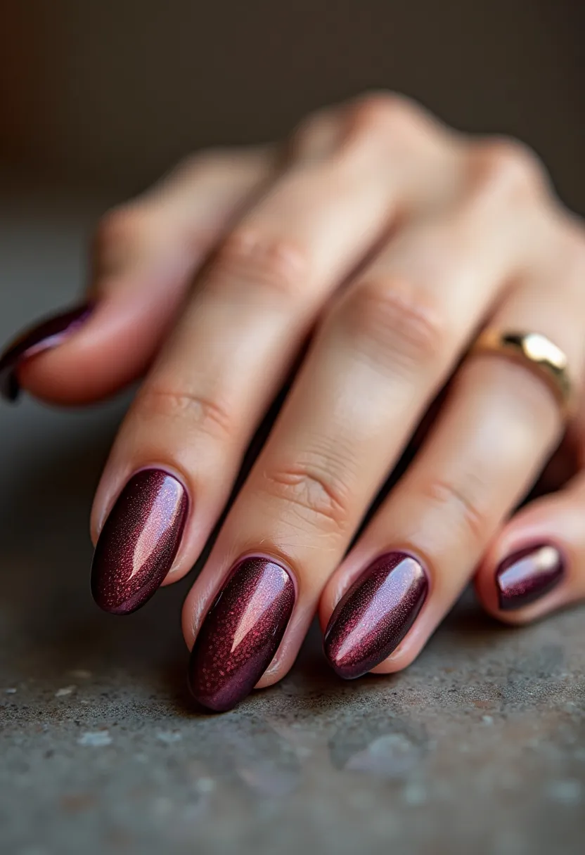 The nail design features a rich, dark burgundy color palette with hints of subtle shimmer, evoking a sophisticated and elegant look. The nails are shaped into a medium-length almond shape, adding a touch of femininity and elongation to the fingers. This design is likely achieved using gel polish, given the glossy and smooth finish that enhances the depth of the color. The intricate shimmer pattern gives the nails a sense of dimension and luxury, making them suitable for special occasions or seasonal themes, particularly autumn and winter. The overall appearance balances sophistication with a touch of drama, perfect for evening events or formal gatherings.