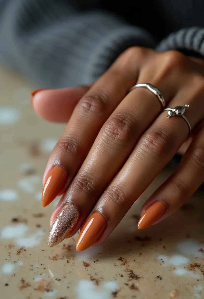 The nail design features a rich, earthy orange color palette with a cohesive fall-inspired theme. The nails are shaped into elegant, elongated almonds, which accentuate the fingers. One nail stands out with a prominent gold glitter finish, adding a touch of sparkle and contrast to the predominantly matte orange base. This glitter detail is on the ring finger, drawing attention and providing a festive accent. The consistent shine across all nails suggests a gel treatment, known for its long-lasting finish and glossy sheen. The design is simple yet sophisticated, making it suitable for both everyday wear and special occasions during the autumn season.