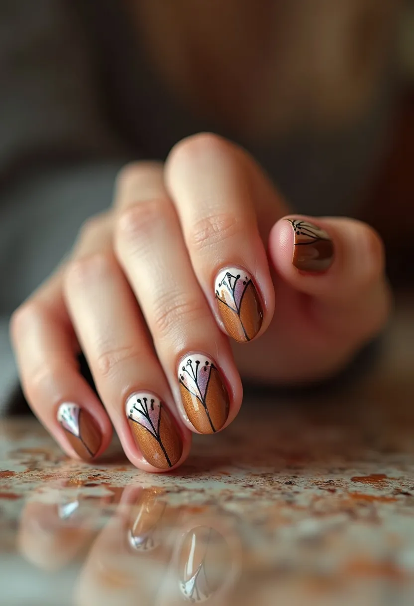 This nail design features a warm color palette with hues of brown, white, and a hint of light pink. The nails are shaped in a short, rounded style, providing a neat and elegant appearance. The intricate pattern on each nail resembles a delicate floral motif, created with fine black lines extending from the base of the nail, branching out into small dots, and petals shaded in gradient colors. The design is likely done using gel polish, given its glossy finish and durability. This nail art exudes a cozy, autumn-inspired theme, making it perfect for the fall season. The detailed floral decorations add a touch of sophistication and creativity to the overall look.