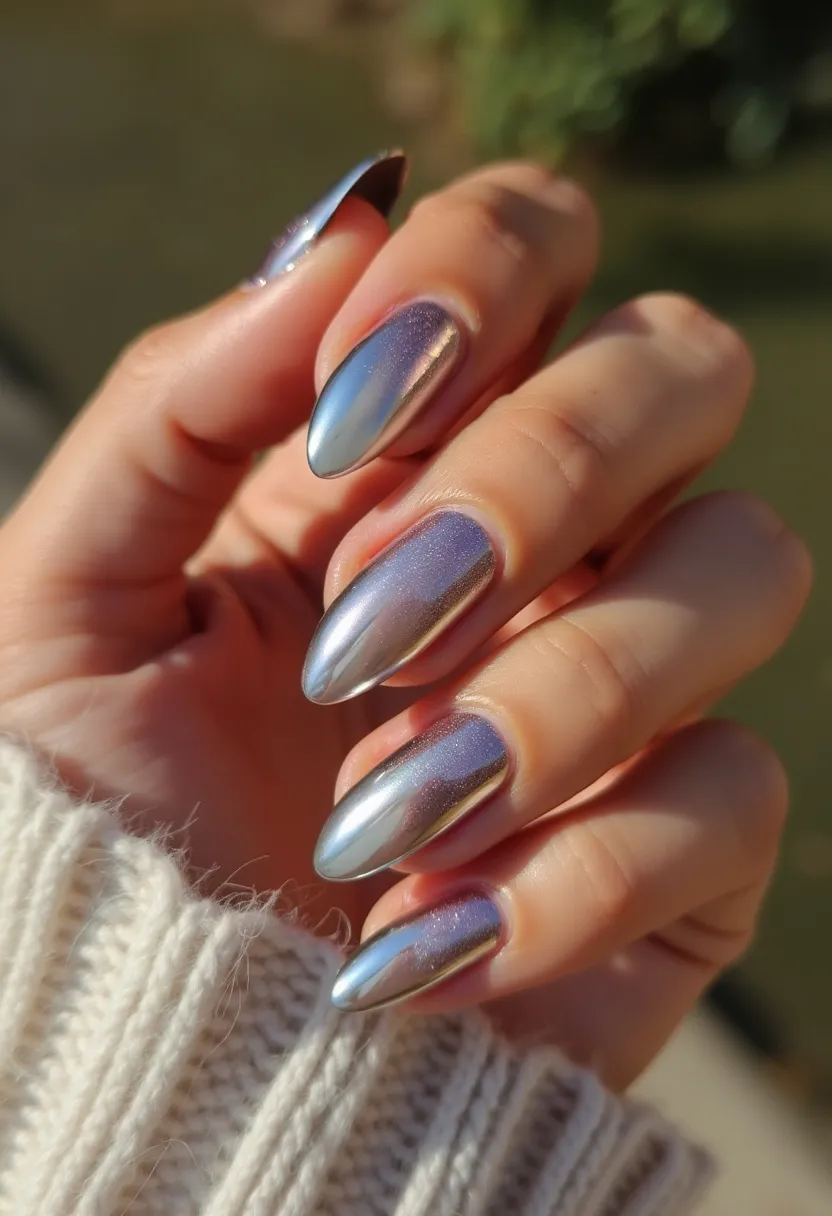 The nail design showcases a stunning mirror-like chrome finish with iridescent undertones of blue, purple, and silver, creating a futuristic and elegant aesthetic. The nails are shaped into a sleek almond form, lending a sophisticated appeal. The treatment appears to be a chrome or mirror powder application, likely applied over a gel or acrylic base to achieve the high-shine, reflective surface. Intricate patterns are not visible, but the gradient of colors adds depth and interest. This nail design is versatile and can be suitable for a variety of occasions, with hints of winter seasonal themes due to the cool-toned palette. Overall, the look is polished, modern, and edgy.