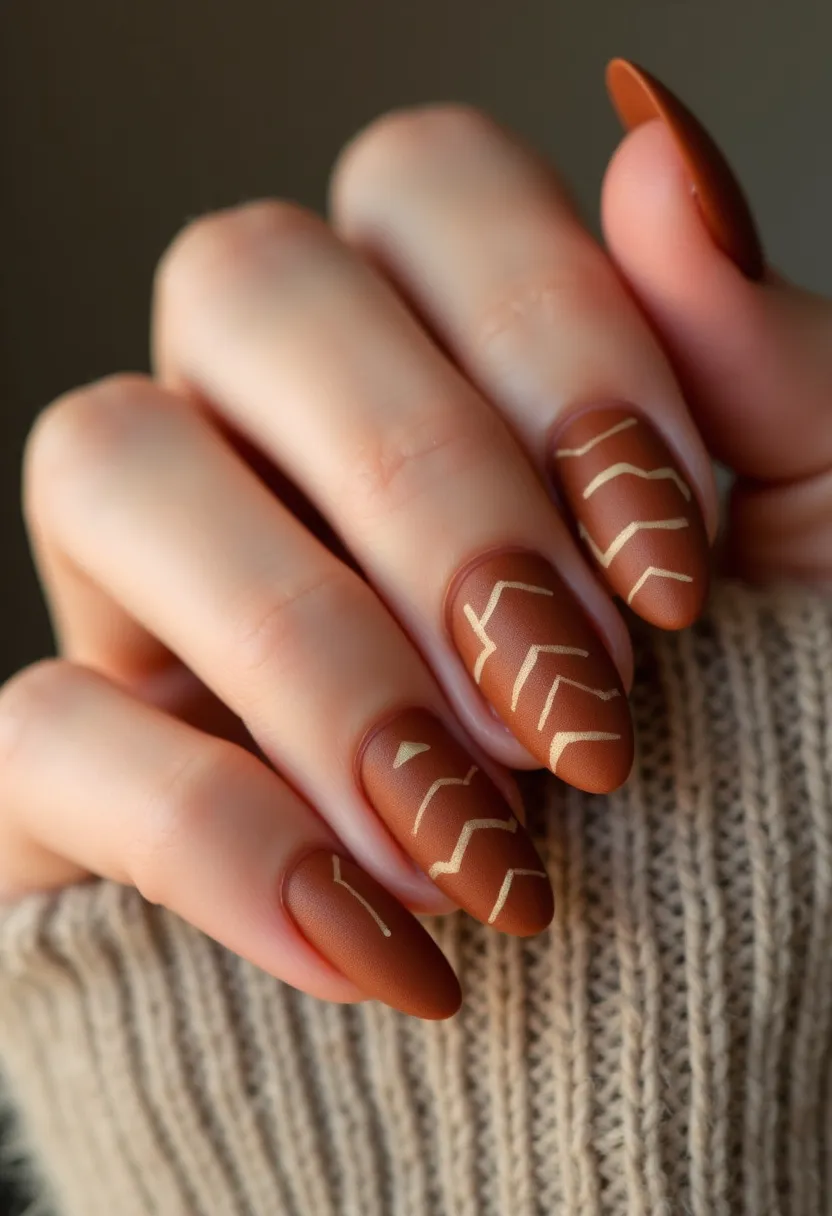 The nail design features a predominantly matte, burnt orange color palette that conveys an autumnal theme. The nails are almond-shaped, adding an elegant and refined touch to the overall look. A distinctive pattern composed of thin, gold zig-zag lines and small accents adorns each nail, giving it an intricate and artistic flair. The type of nail treatment appears to involve matte gel polish, providing a smooth and durable finish. Perfect for the fall season, these nails subtly incorporate geometric patterns in gold, contributing to a warm and cozy aesthetic ideal for autumnal events and festivities.