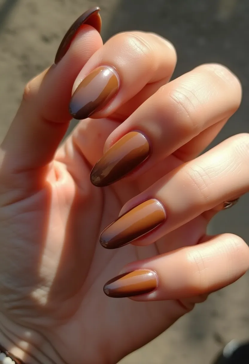 This nail design features a sophisticated color palette of various earthy brown tones, creating a gradient effect on each nail. The nails are shaped in a rounded almond style, which complements the classy look. The gradient pattern flows seamlessly from lighter to darker shades, reflecting intricate attention to detail. The treatment appears to be a glossy gel finish, which enhances the overall smooth and shiny appearance of the nails. The design carries a warm, autumnal vibe, making it suitable for the fall season or special occasions calling for an elegant, natural look.